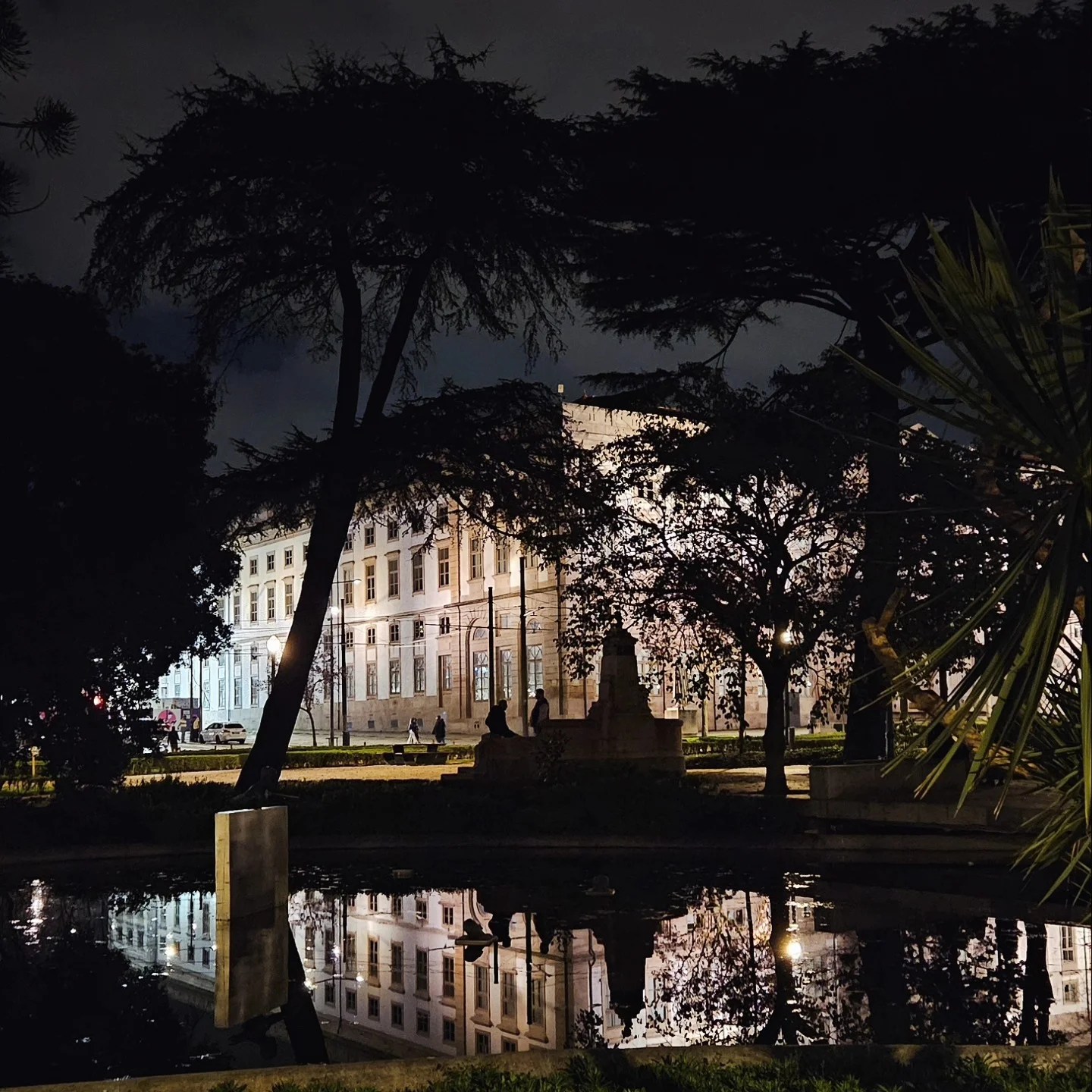 Night view of Jardim da Cordoaria with trees silhouetted and the University of Porto reflecting in the still water of a small pond.