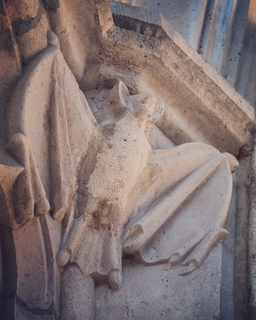 Stone carving of a bat on the exterior of Matthias Church, blending gothic whimsy with architectural detail.