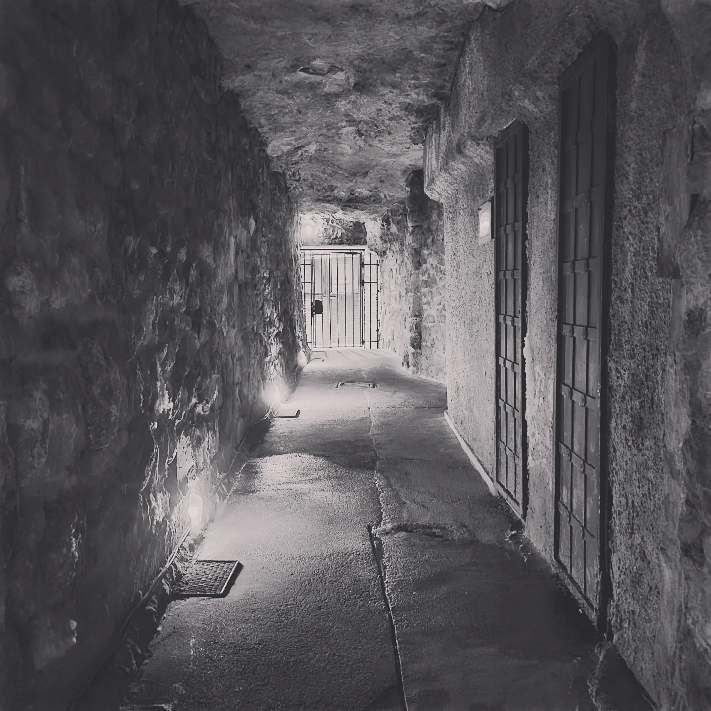 Dim stone corridor in the Labyrinth with metal-barred doors and a locked gate at the far end.