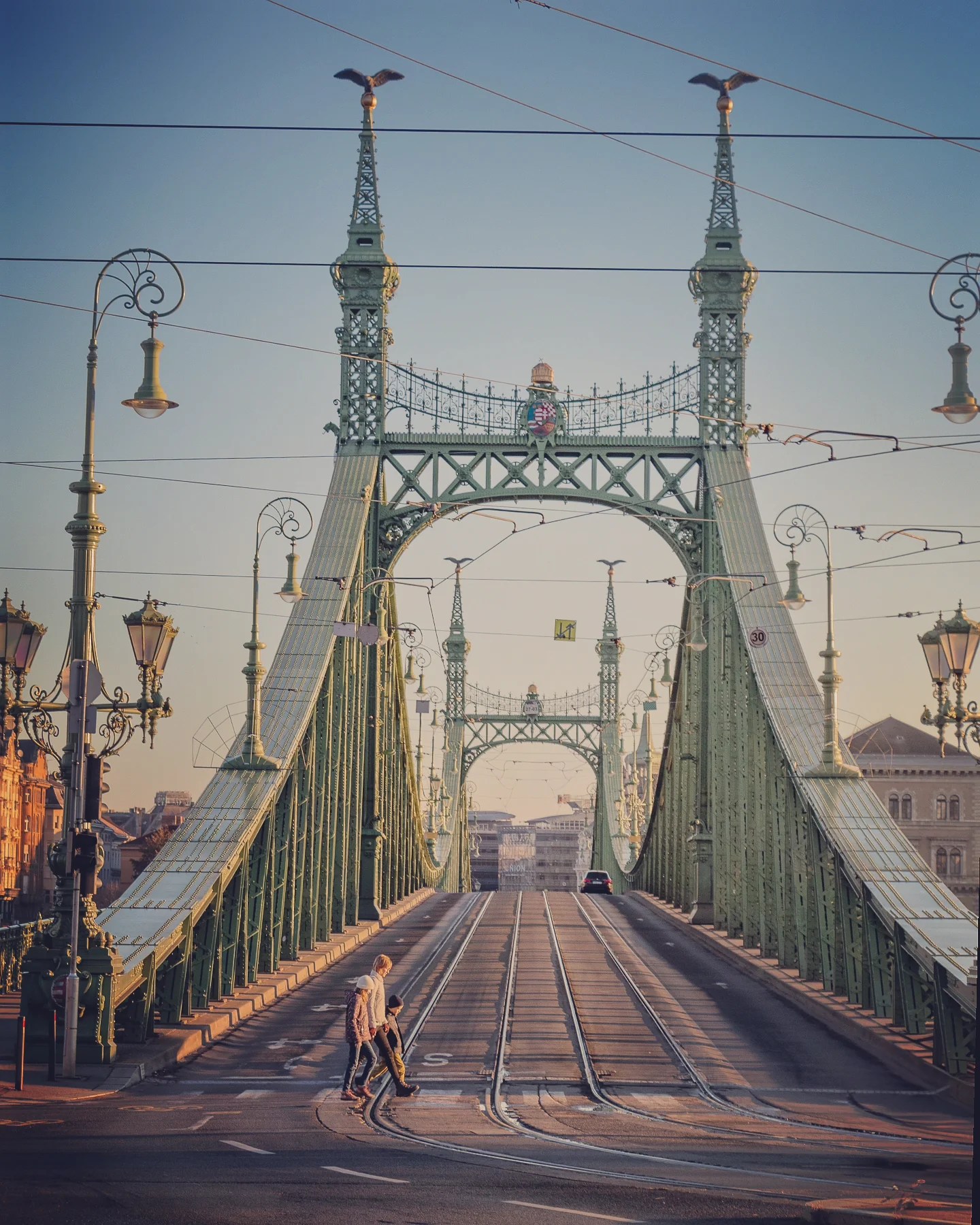 Liberty Bridge in Budapest, a green metal structure with tram lines and decorative turuls.