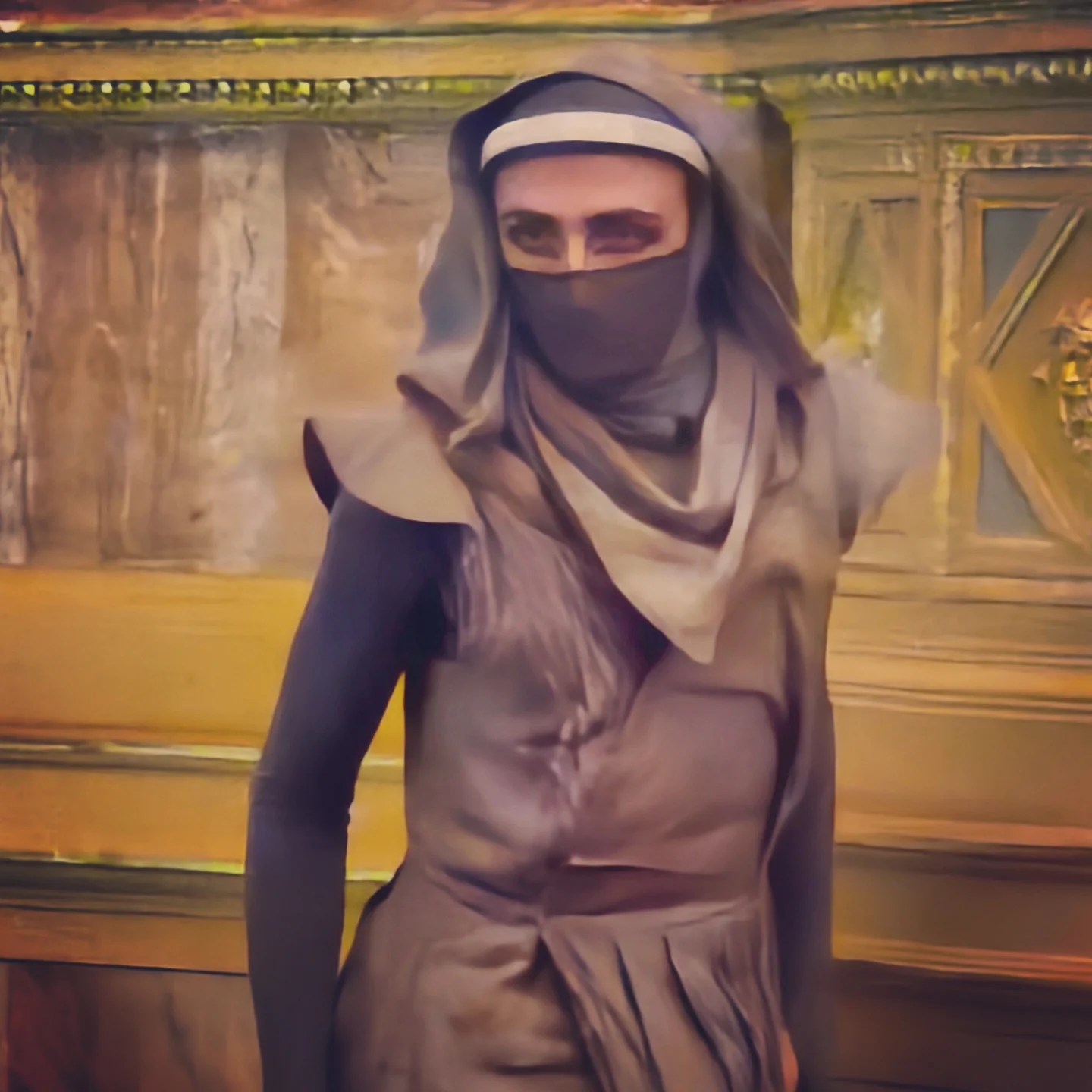 Performer in a dramatic hooded costume with a face covering, part of the Puccini opera staging.