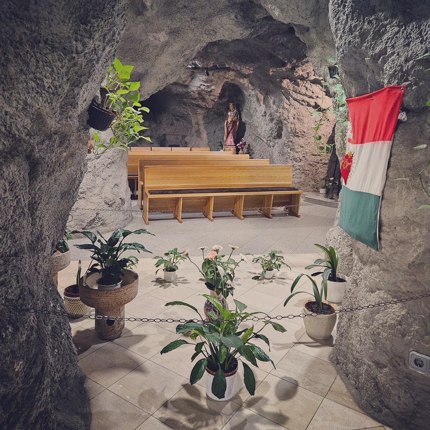 Simple interior of the Cave Church in Budapest, with stone walls, wooden benches, and potted plants.
