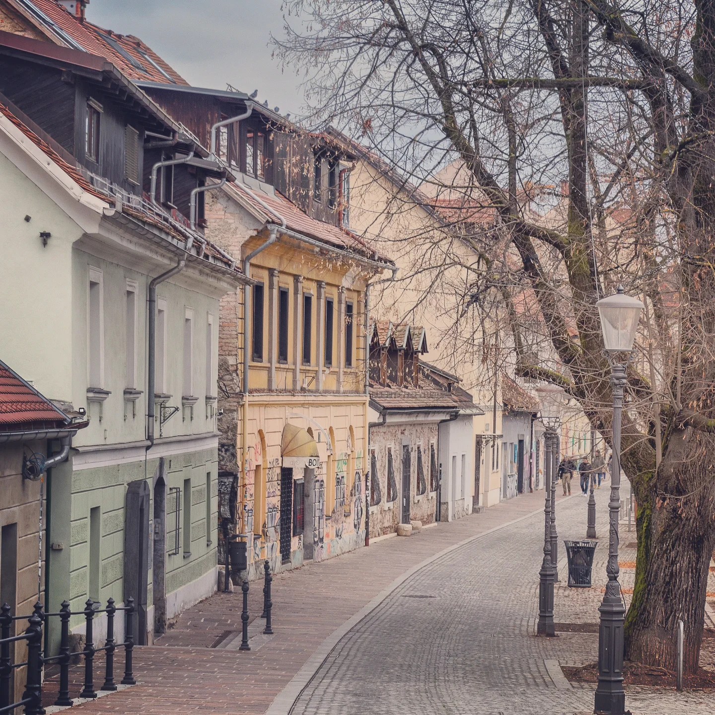 A quiet, artsy street lined with pastel-painted and graffiti-decorated buildings in Ljubljana’s alternative Metelkova neighborhood, with leafless trees and vintage lampposts.
