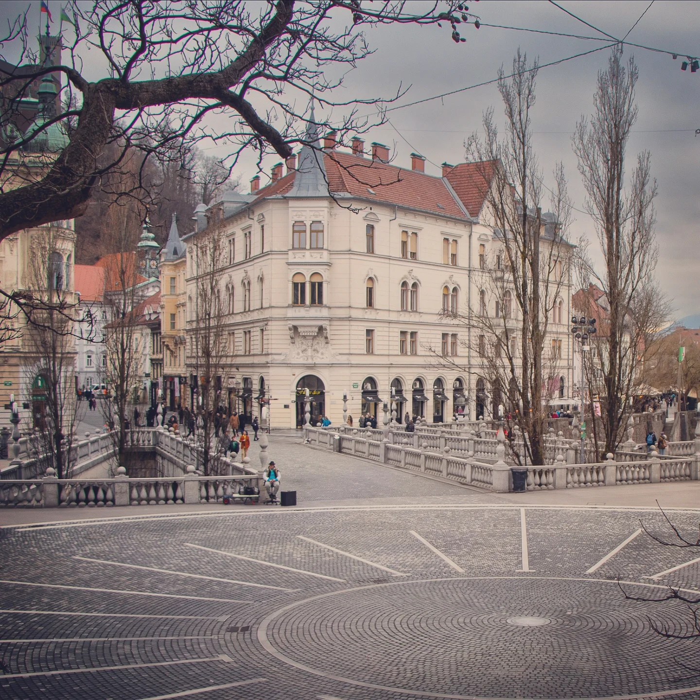 A wide-angle shot of Prešeren Square in Ljubljana, framed by bare winter tree branches, showing the cobbled circular pattern in the foreground and a grand corner building at the center, surrounded by pedestrian bridges.