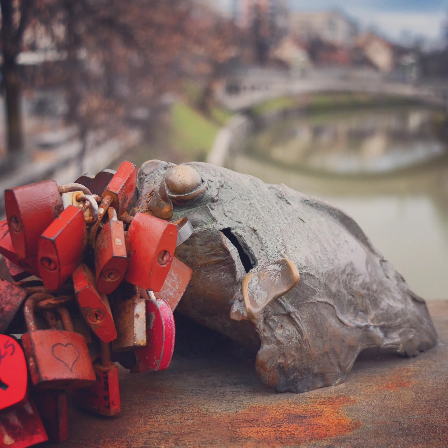 A charming bronze frog sculpture on Butcher’s Bridge surrounded by vibrant red love locks, with the Ljubljanica curving off into the background.