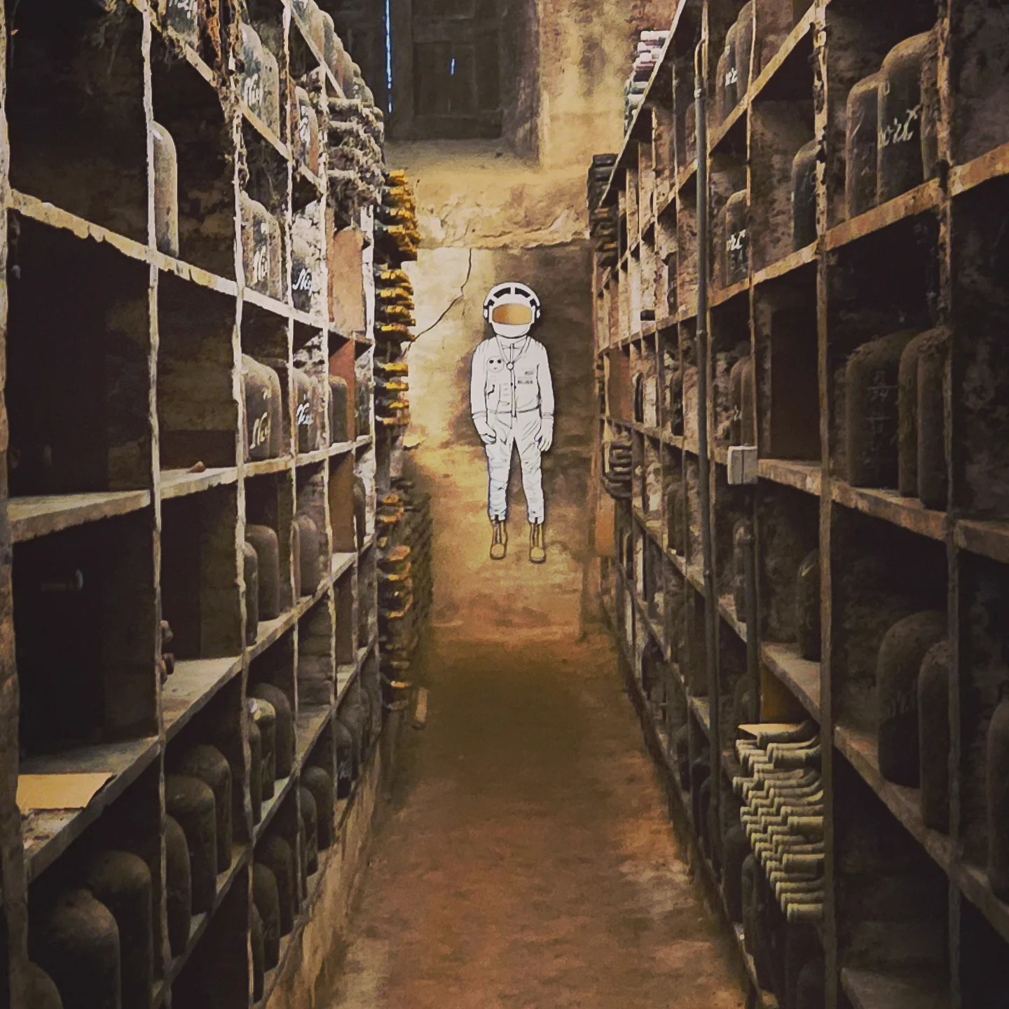 Wall mural of an astronaut in white suit and helmet placed at the end of a dim, narrow wine cellar corridor in Porto.