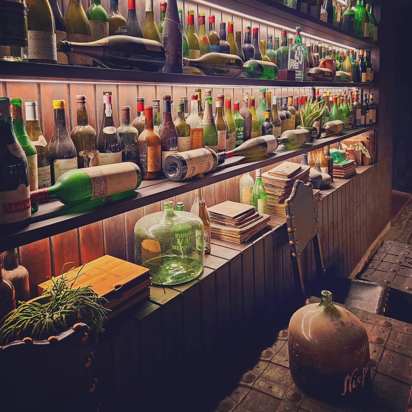 Shelves filled with dusty vintage wine bottles, old books, and various glass containers in a cellar with warm lighting.