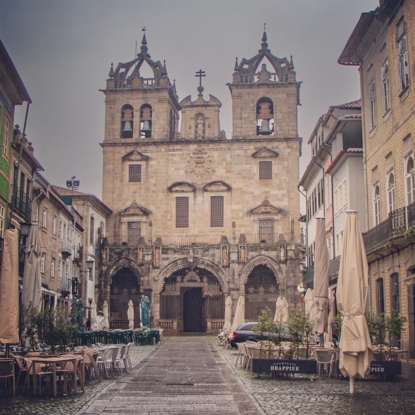 Exterior view of Braga Cathedral (Sé de Braga) with Gothic entrance and twin towers.