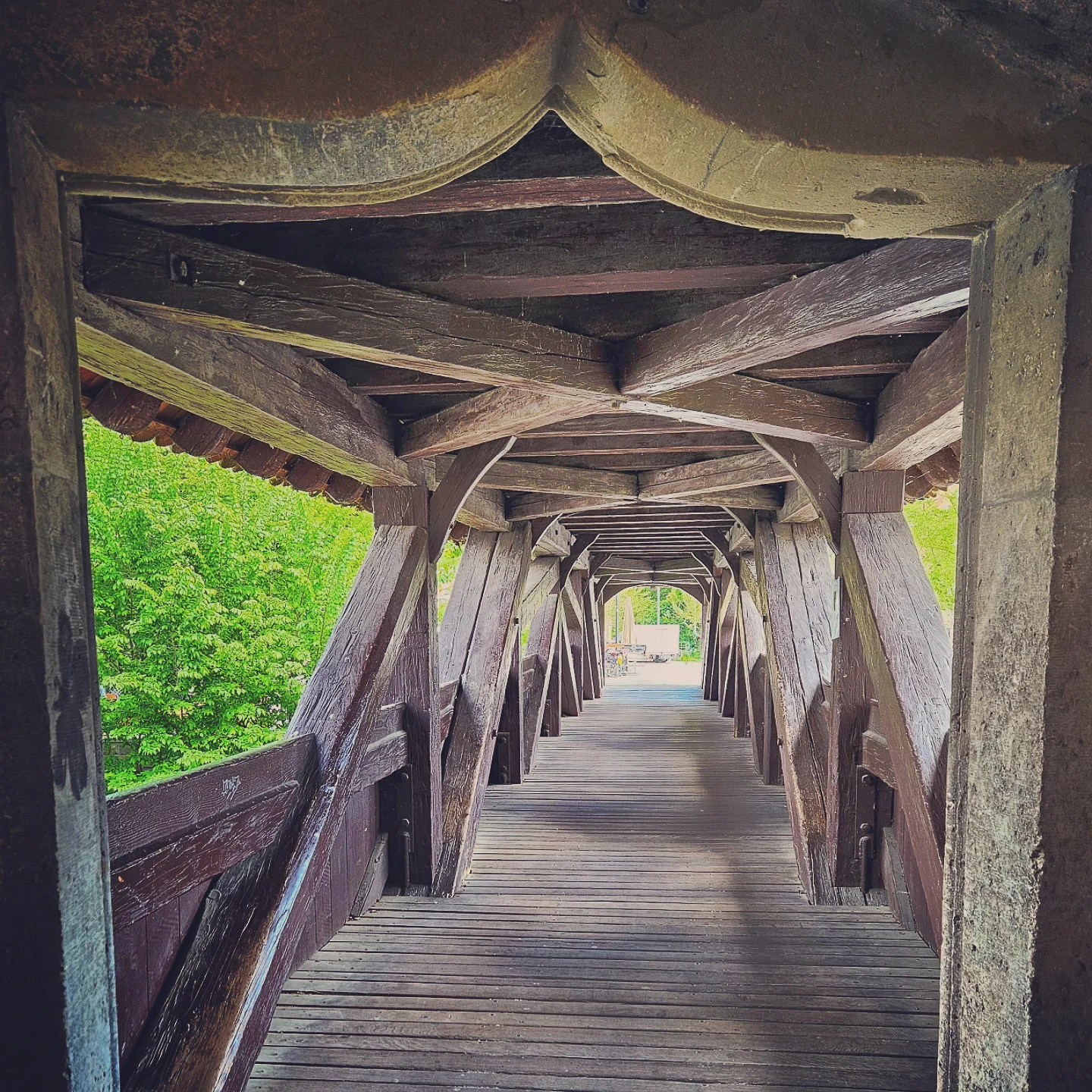 Interior view of the Red Bridge (Rote Brücke) in Schwäbisch Hall, showcasing its rustic wooden beams and covered walkway with green trees visible through the openings.