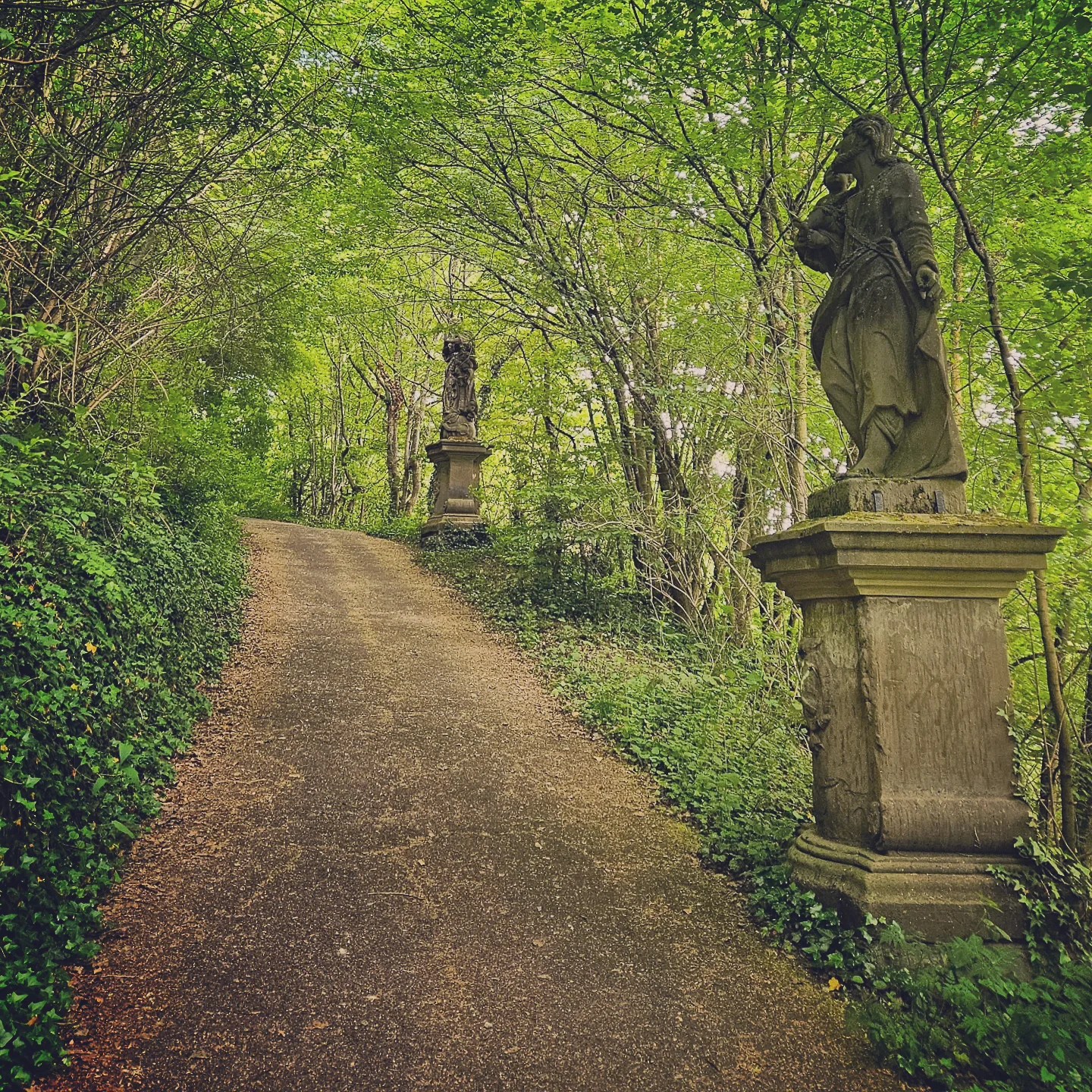 A peaceful forest path leading uphill toward Großcomburg Monastery in Germany, flanked by moss-covered stone statues on tall pedestals. The dense green canopy overhead creates a tunnel of leaves, casting dappled light on the quiet, shaded walkway.