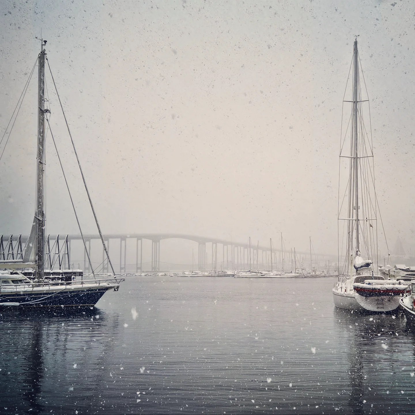 Snowflakes drift gently over a quiet marina filled with sailboats, with the Tromsø Bridge fading into the snowy haze in the distance.