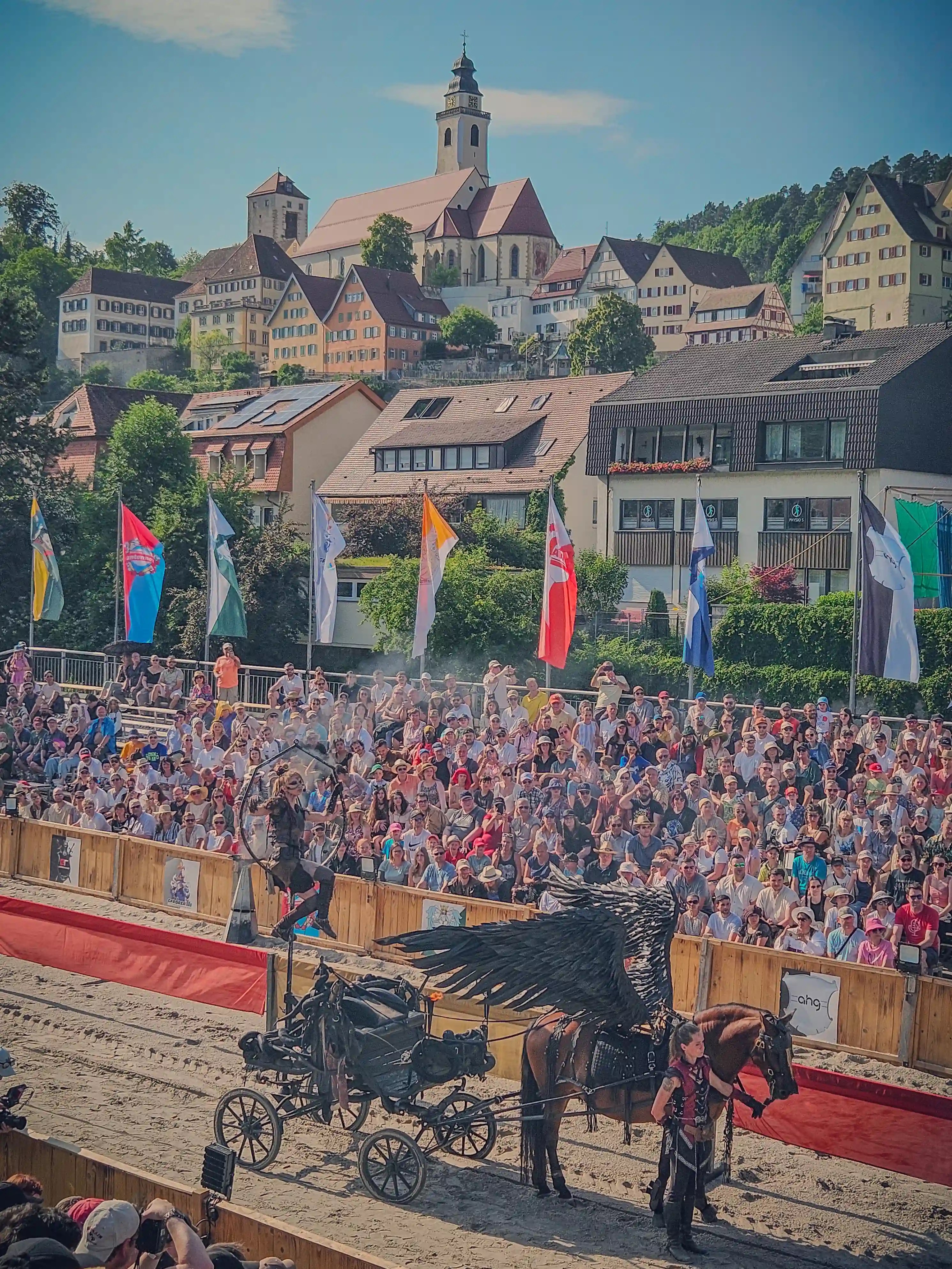 A performer sitting in a hoop on a chariot while a black winged horse and handler guide it through the arena at the Horber Ritterspiele.
