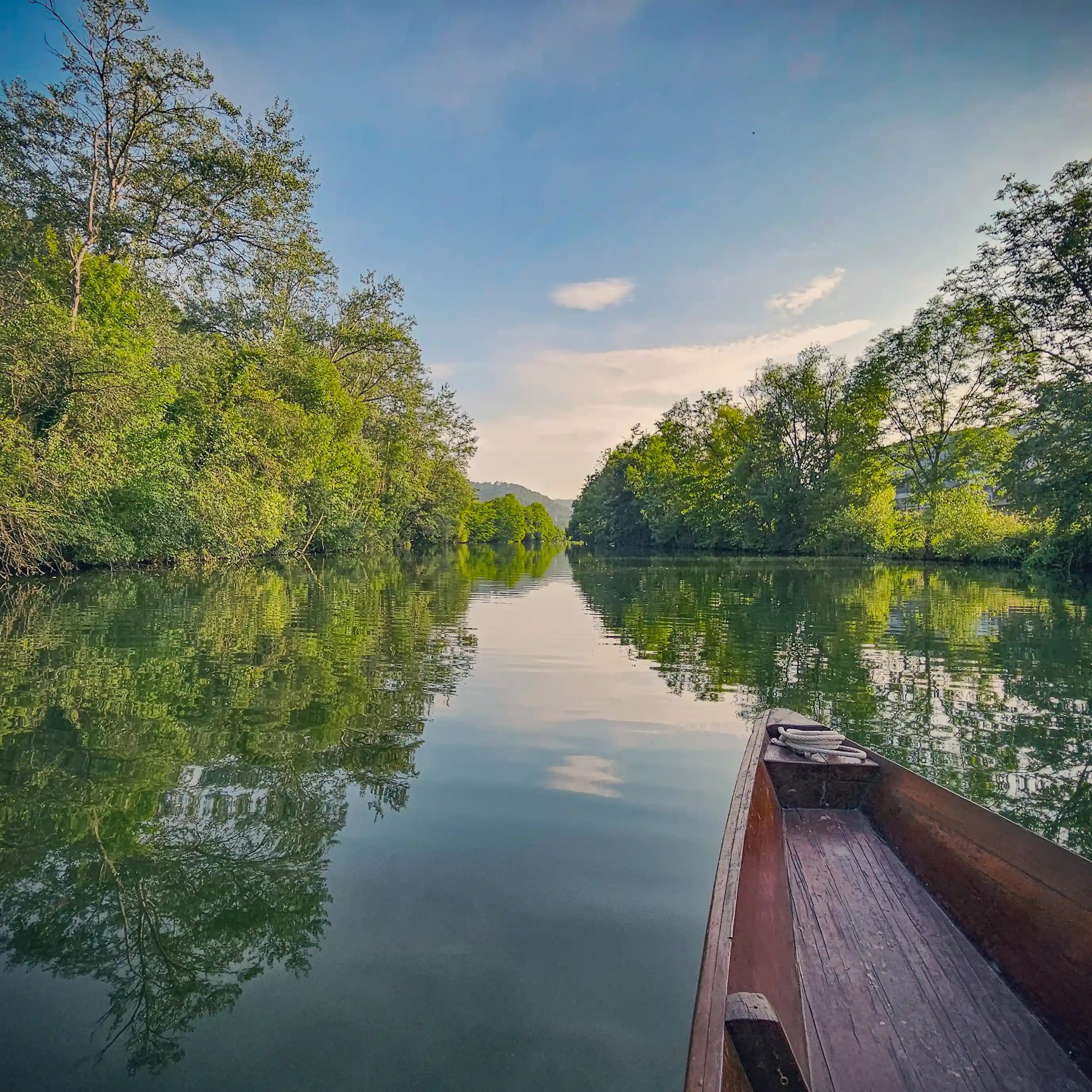 View from a wooden boat gliding down a calm, tree-lined stretch of the Neckar River near Horb am Neckar, Germany.