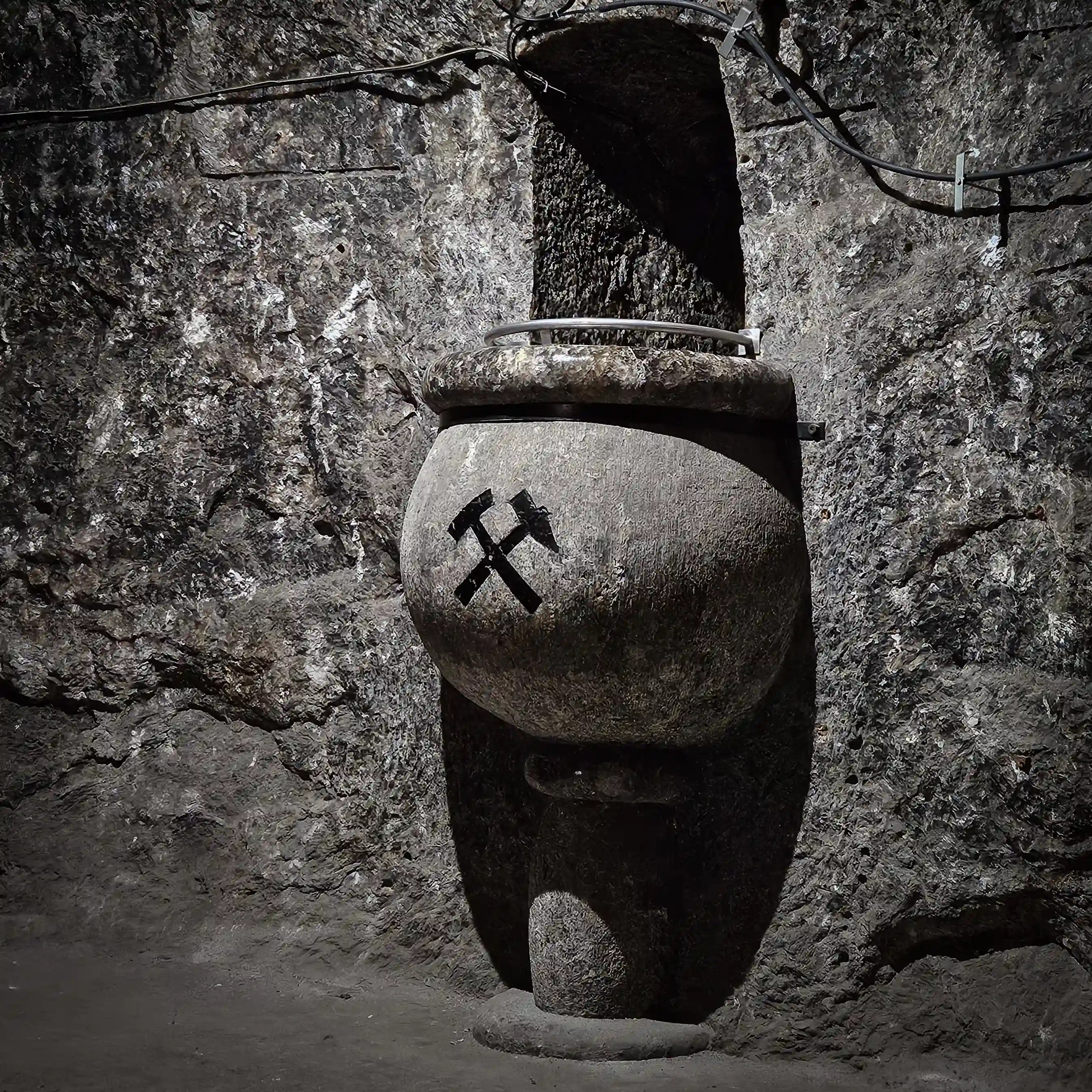 Stone balcony built into the wall of the Bad Friedrichshall salt mine, marked with the black hammer and pick mining symbol.