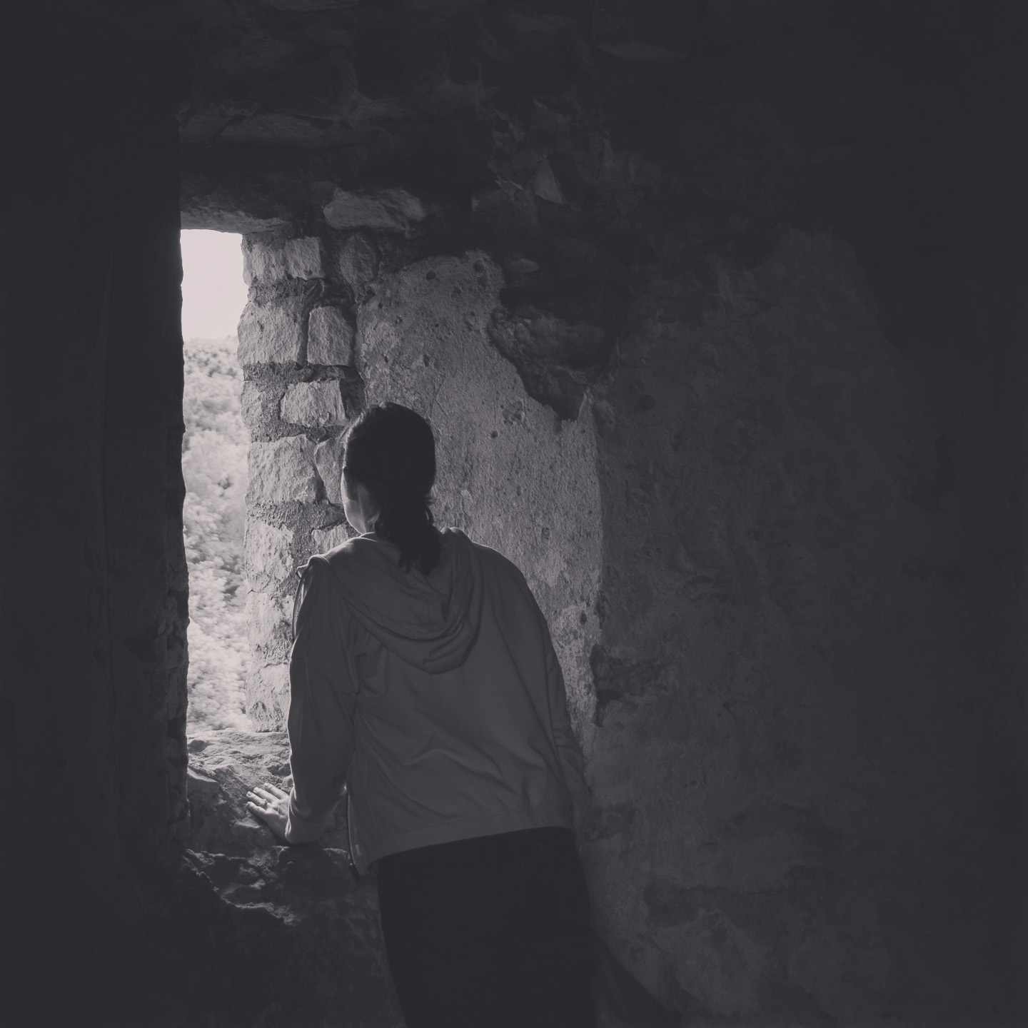 A person silhouetted in black-and-white, looking out of a castle window.