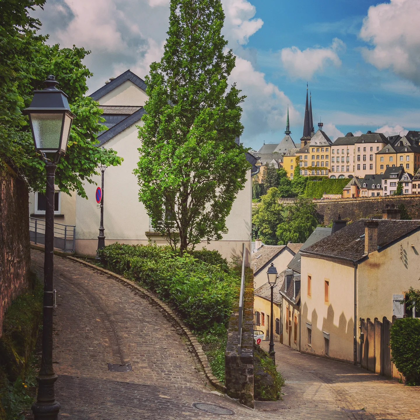 Winding cobblestone street lined with houses overlooking Luxembourg City.
