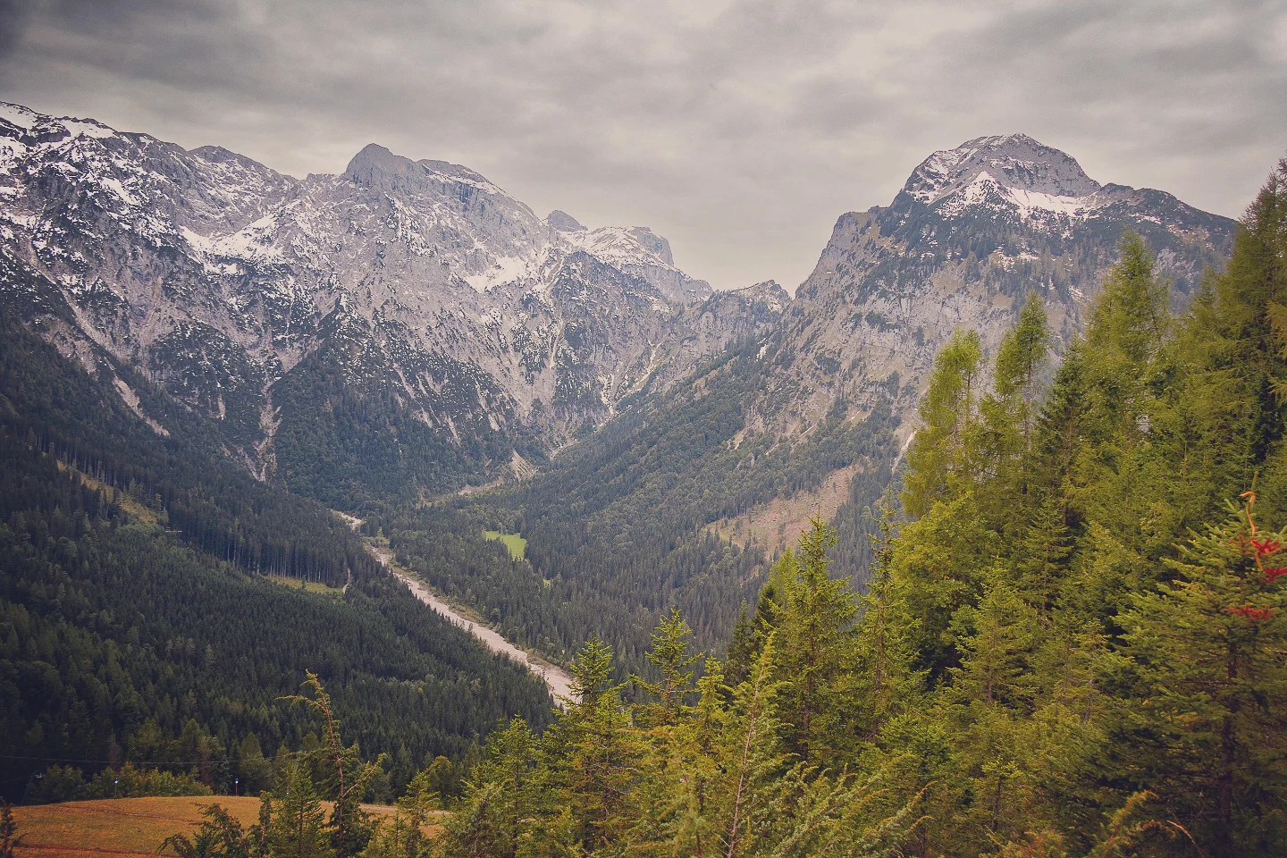 Forested valley and rugged limestone peaks of the Karwendel Alps under clouds near Achensee.