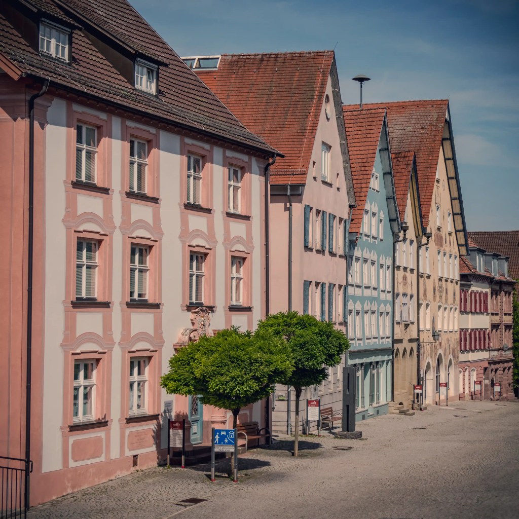 A row of pastel-colored historic buildings in Horb am Neckar with ornate gables and a cobblestone pedestrian street.