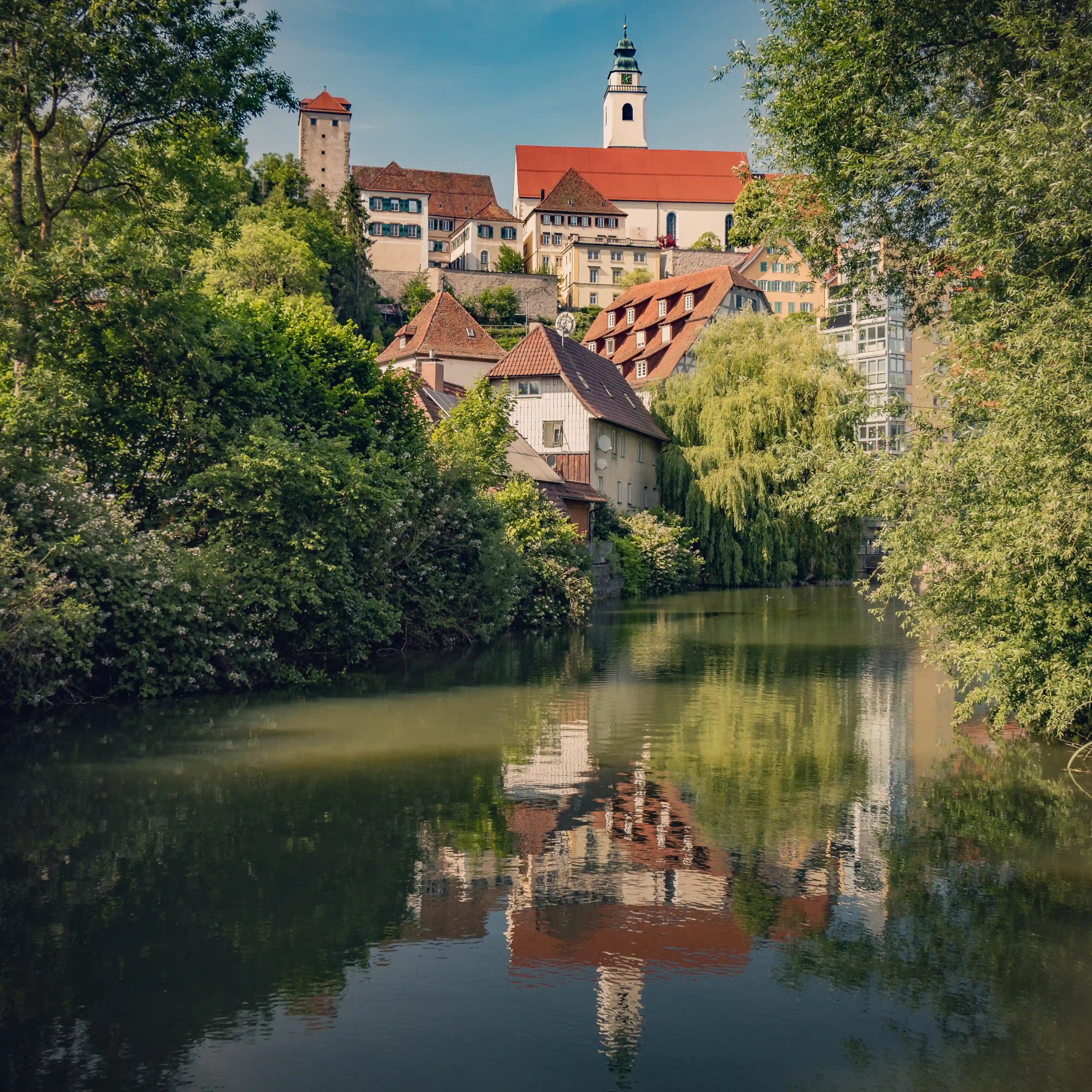 A wider view of Horb am Neckar from across the river, including the church, tower, and houses nestled in the trees.