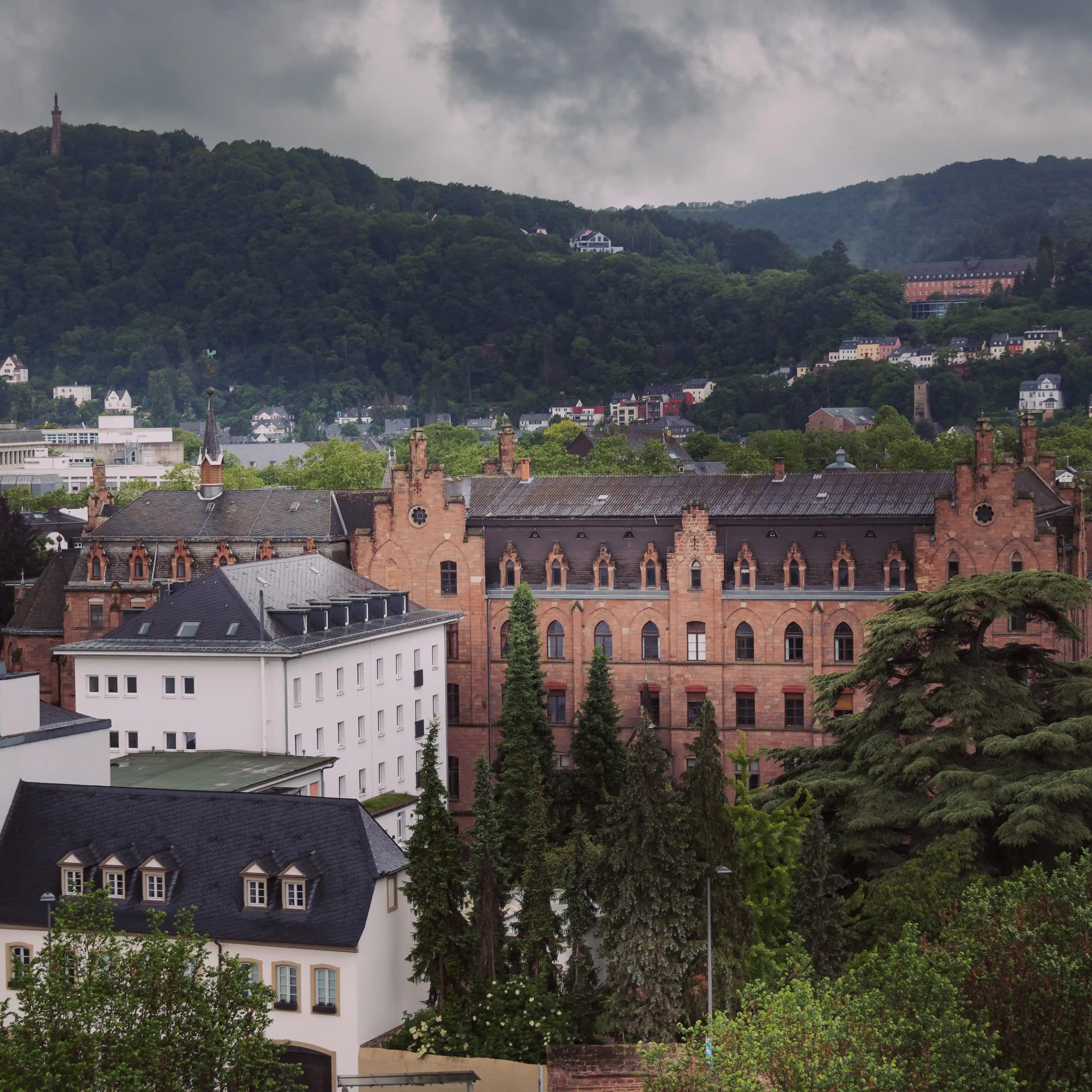 Overlooking Trier’s rooftops and historic red-brick buildings with hills in the background.