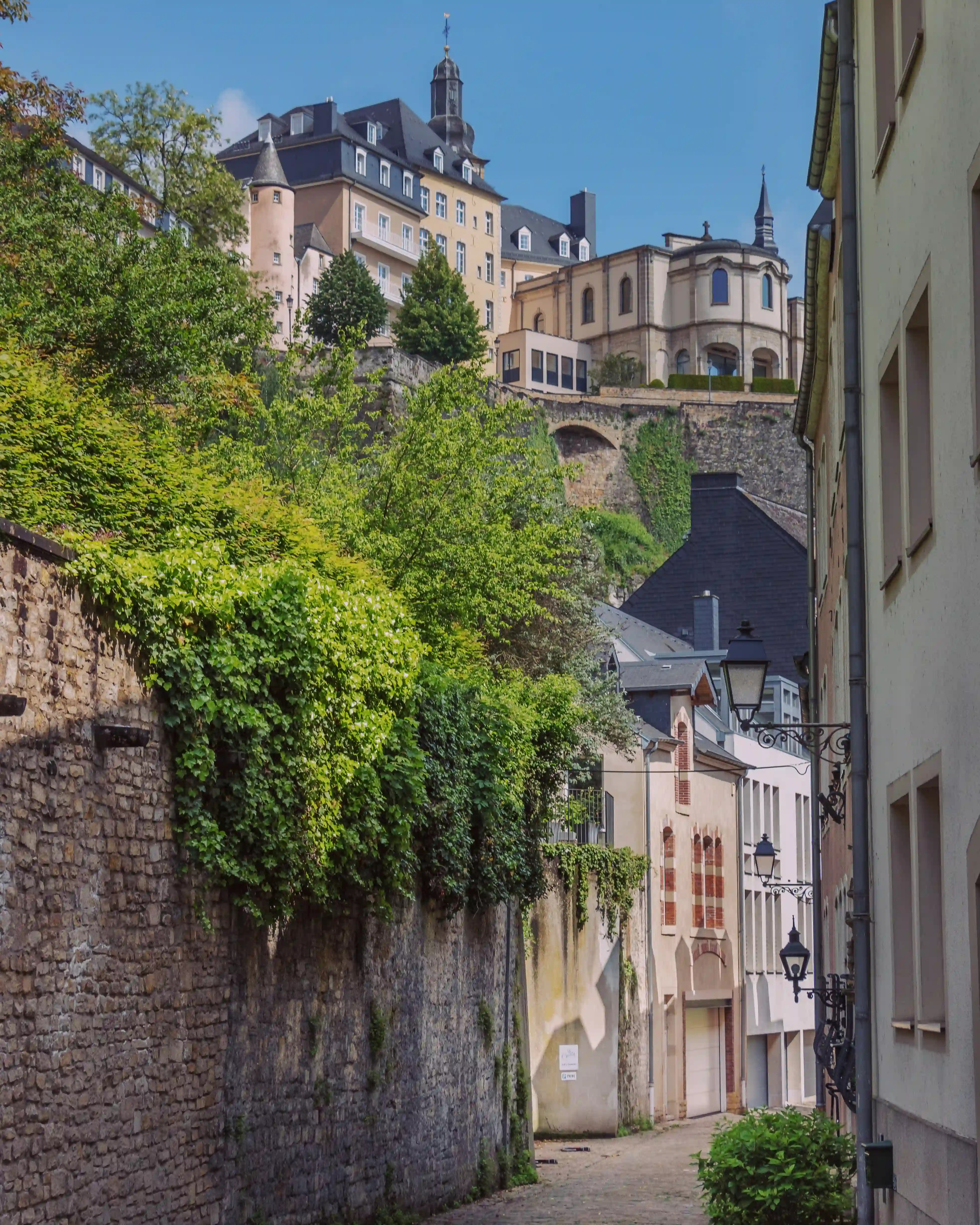 Narrow cobblestone street lined with stone walls and ivy, leading uphill toward historic buildings in Luxembourg’s old town.