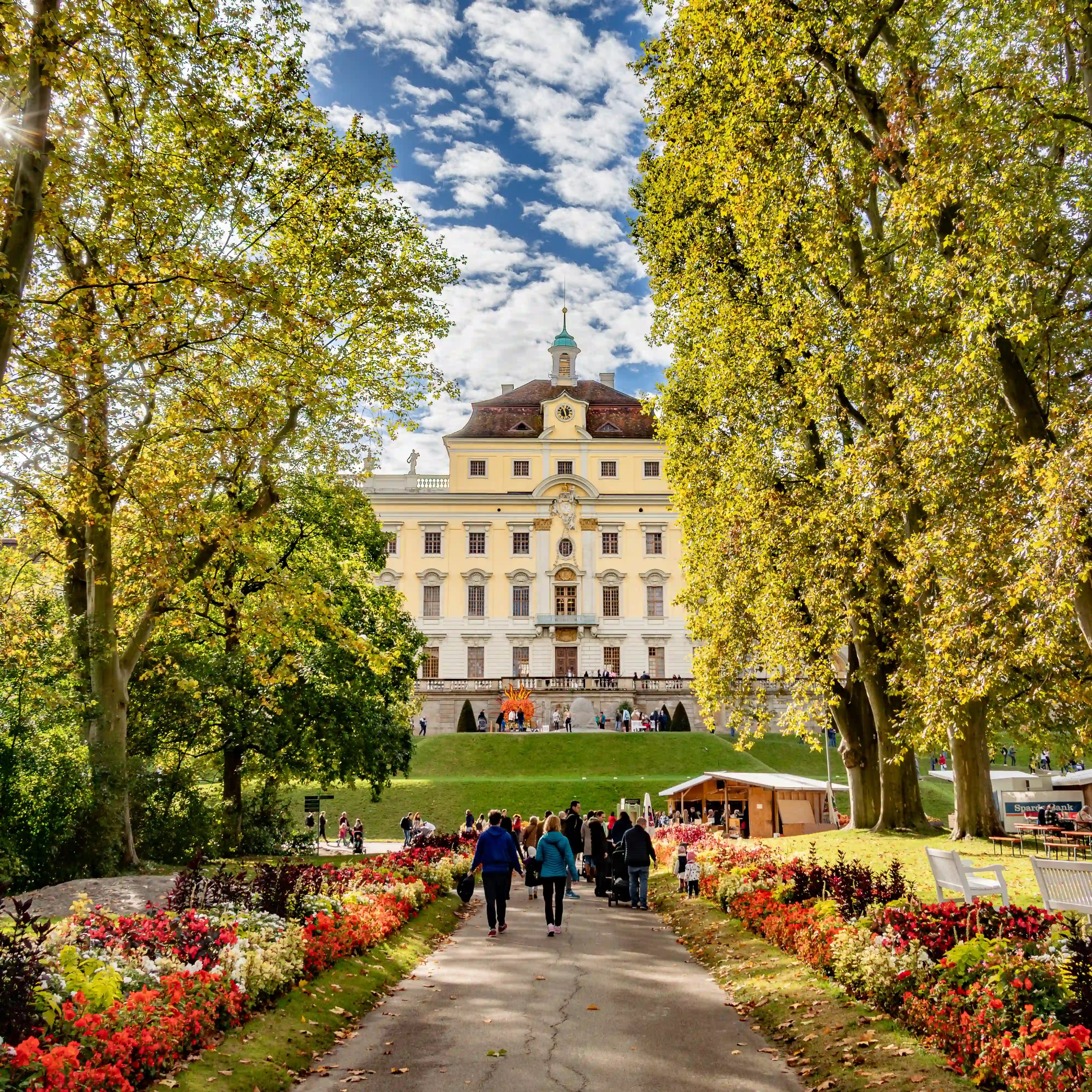Tree-lined path leading to Ludwigsburg Palace with visitors walking among flowerbeds.
