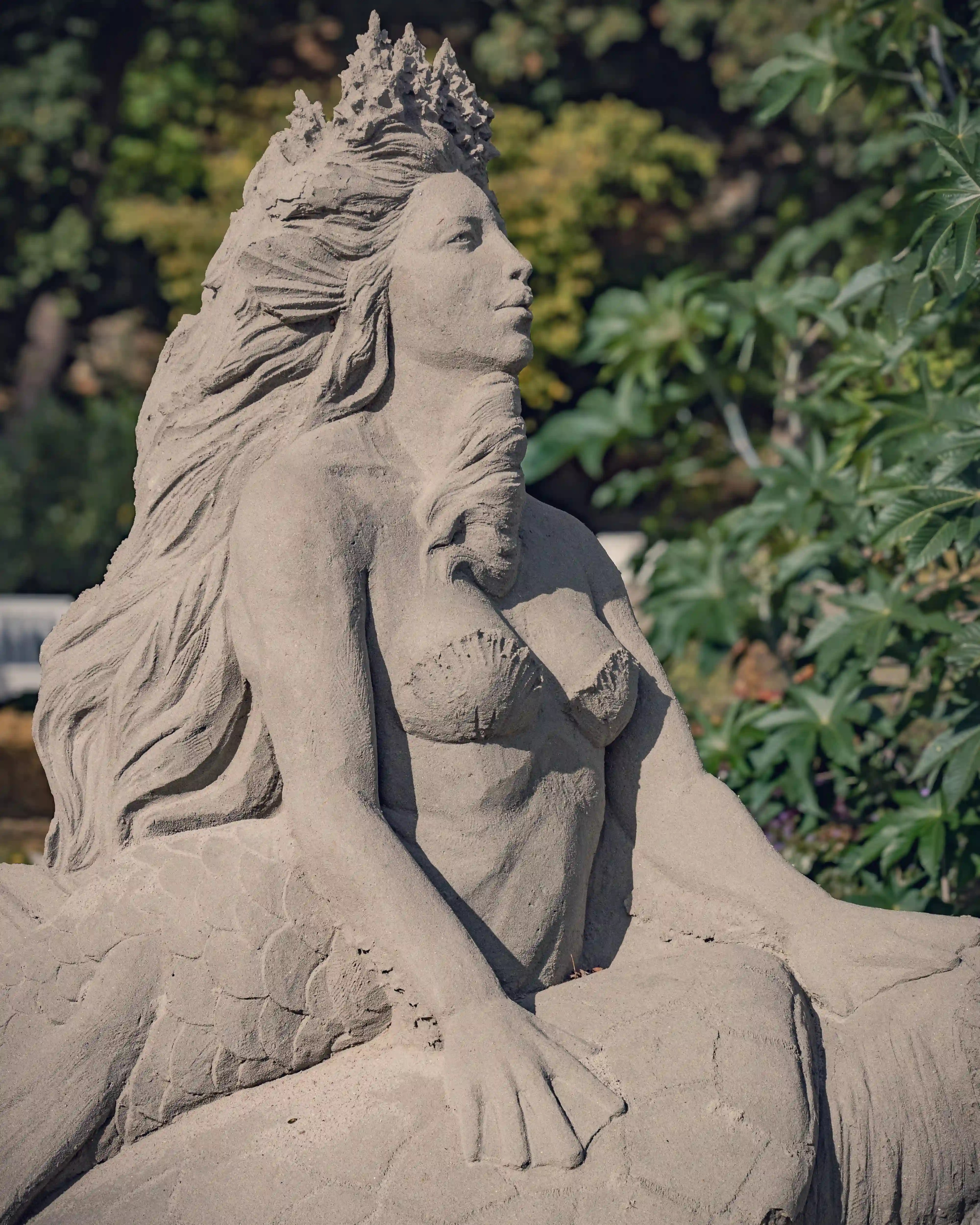 Sand sculpture of a mermaid with flowing hair at the Ludwigsburg Pumpkin Festival.