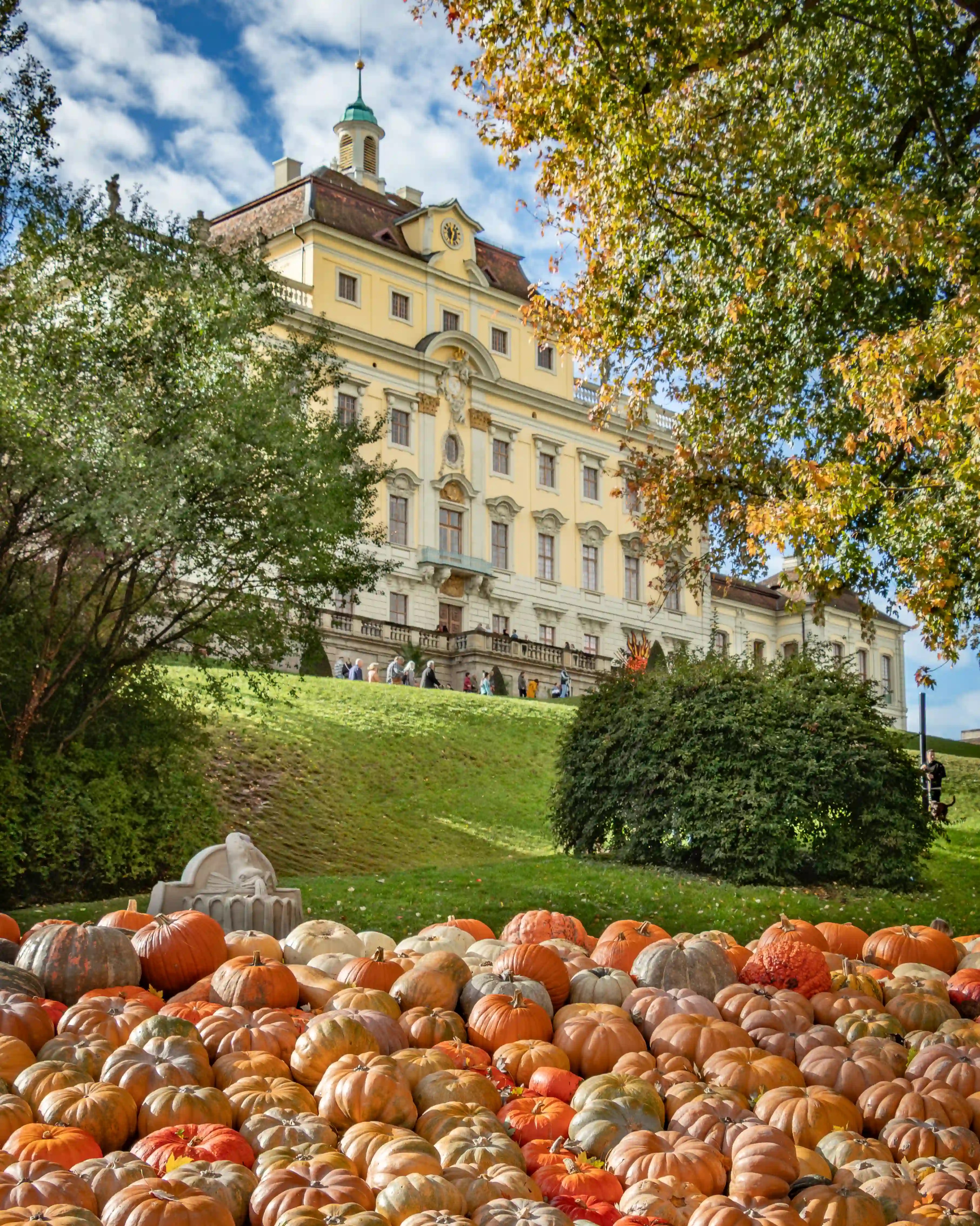 View of Ludwigsburg Palace with a large pumpkin display in front and autumn trees surrounding it.