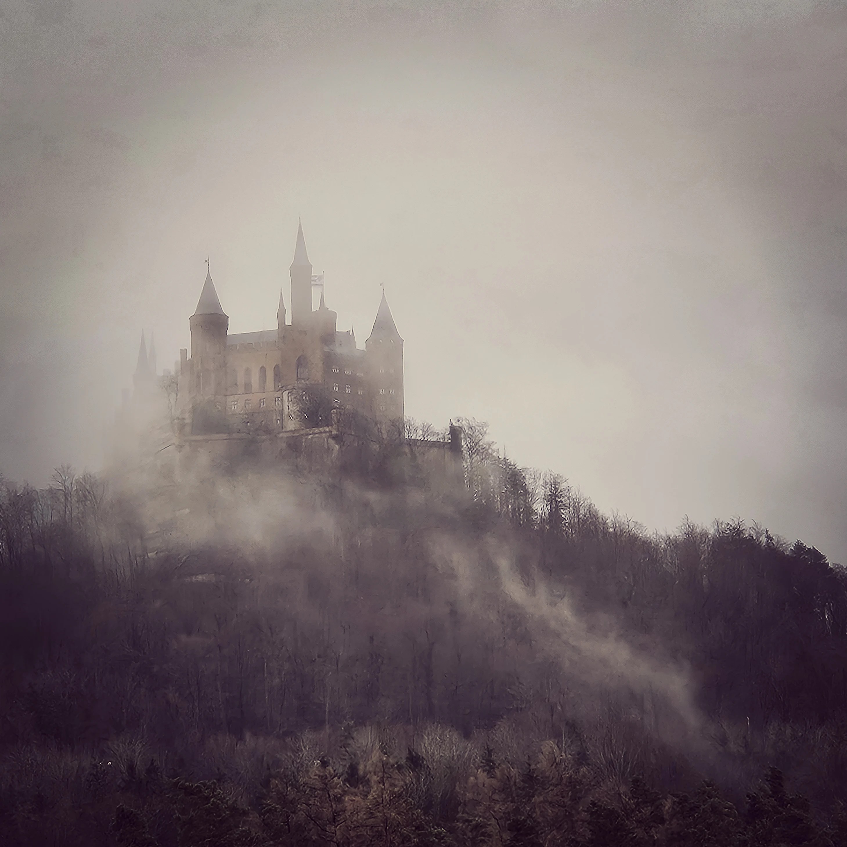 Burg Hohenzollern rising above the forest, surrounded by fog and mist on a winter day.