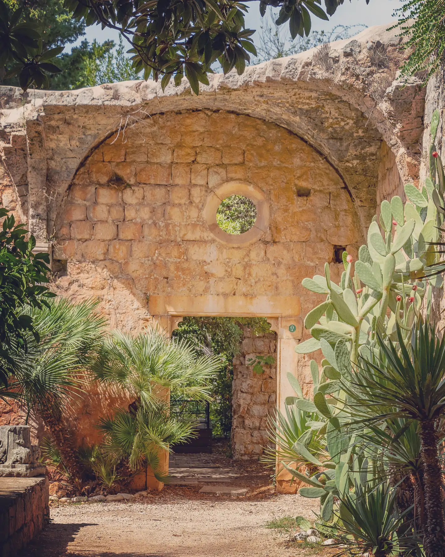 Stone archway surrounded by palms and cacti in the botanical gardens on Lokrum Island.