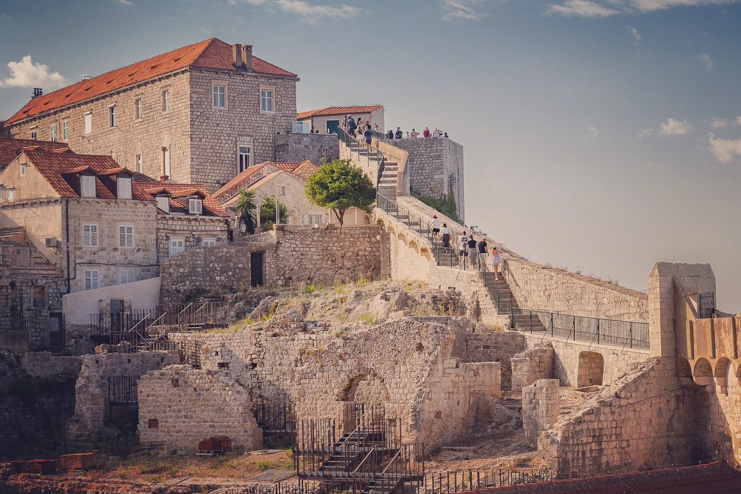 View of Dubrovnik’s upper city walls and the path where visitors walk along the ramparts.
