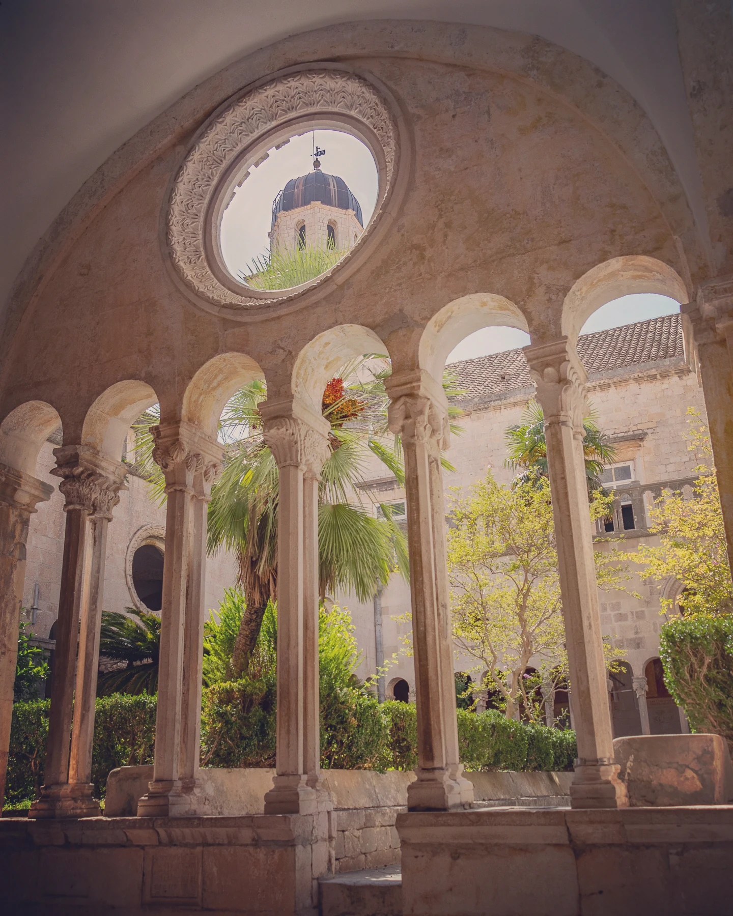 Cloister garden framed by stone arches at Dubrovnik’s Franciscan Monastery.