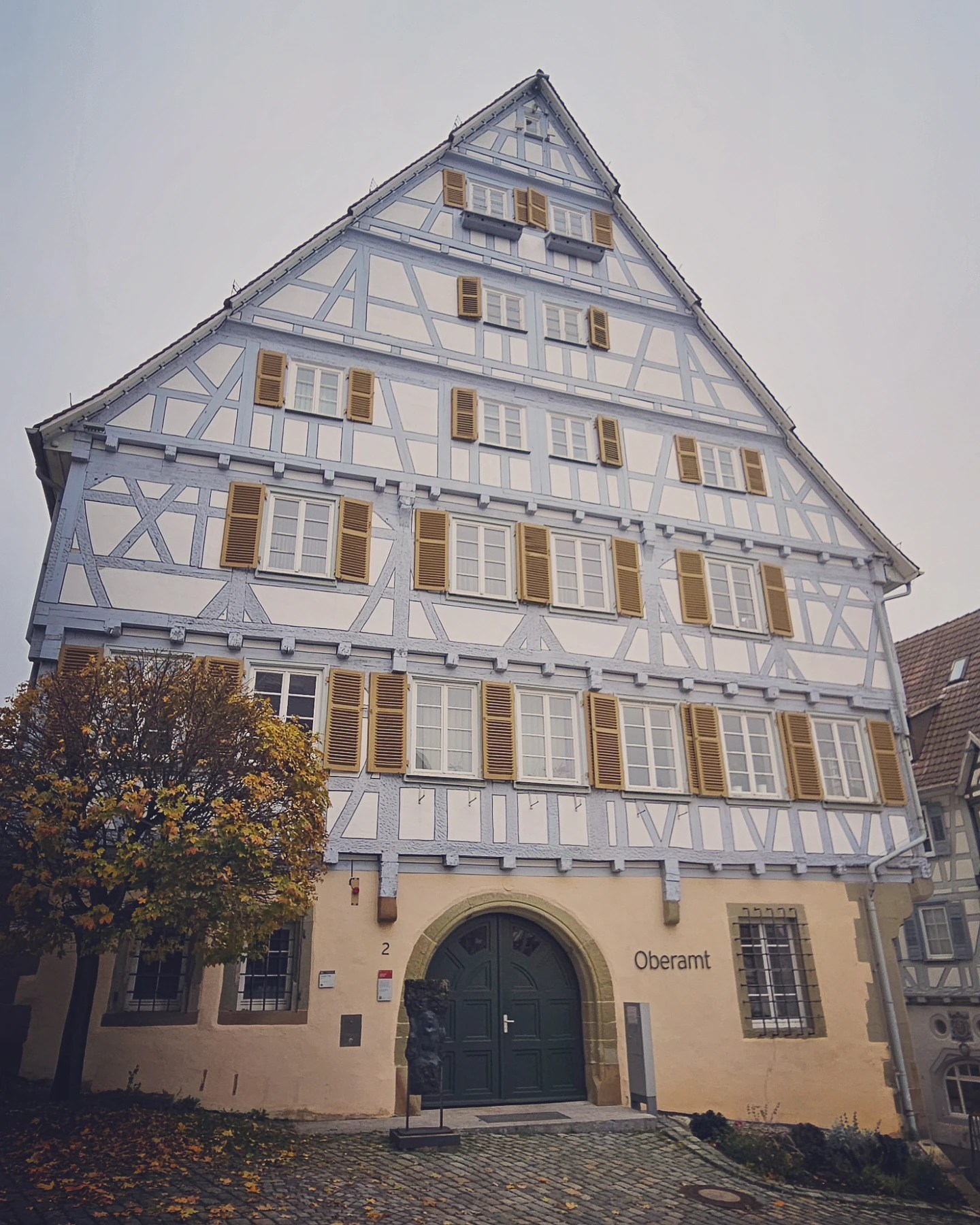 Pale blue half-timbered Oberamt building with golden shutters and arched doorway in Herrenberg.
