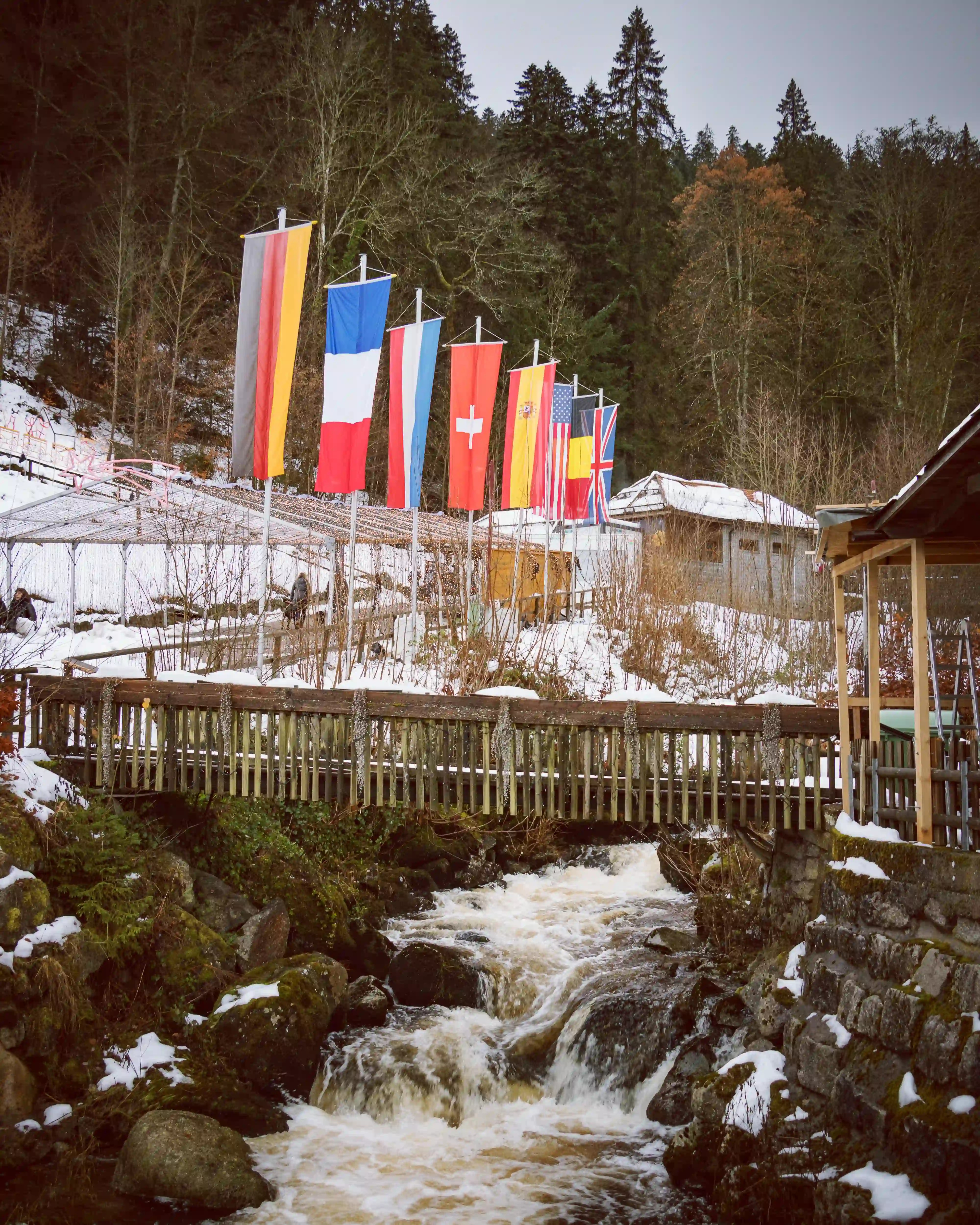 Small wooden bridge with flags of Germany, France, Switzerland, Spain, the USA, and others flying above a rushing stream.
