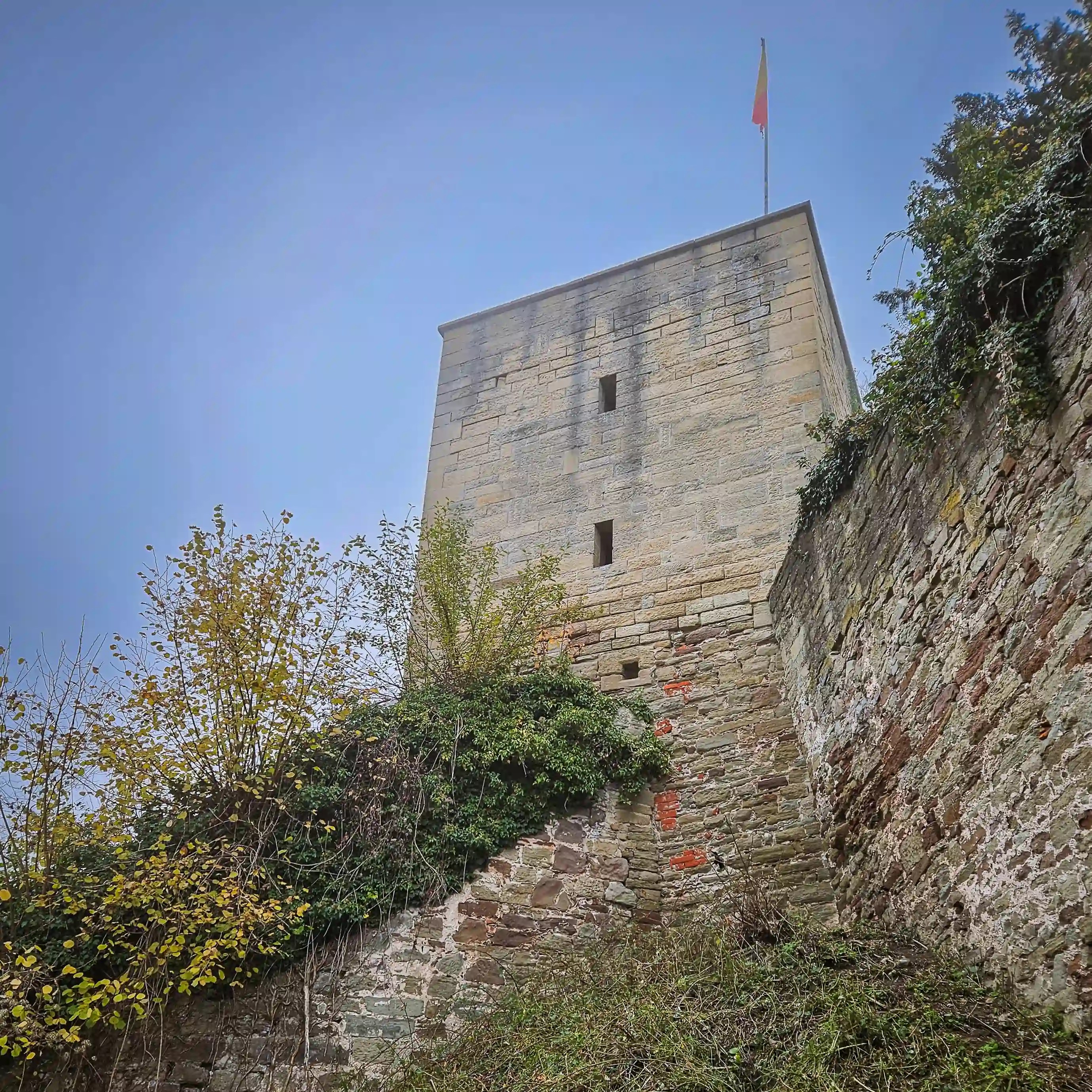 The Pulverturm tower rising above the ivy-covered medieval walls of Herrenberg on a foggy day.