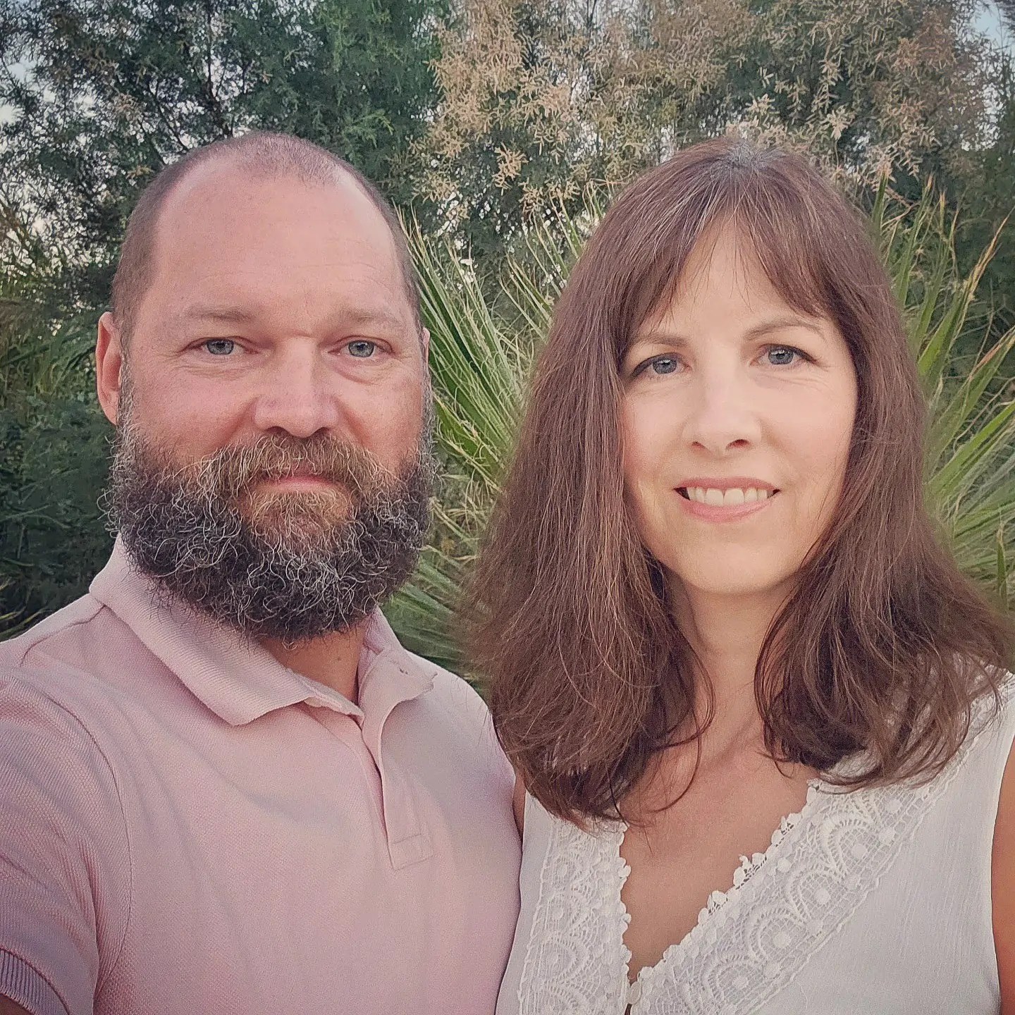 Portrait of a couple standing outdoors before attending the Troy Dinner Show in Hersonissos.