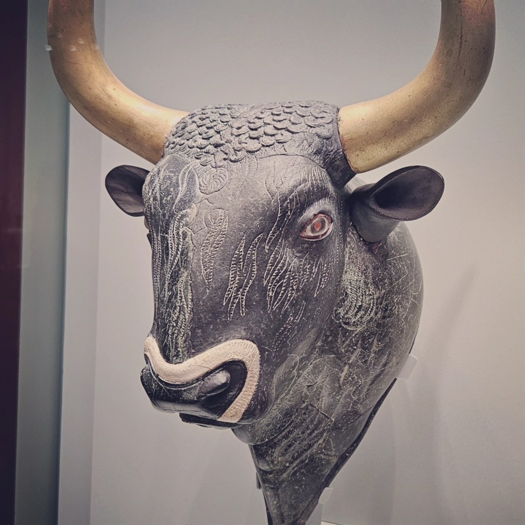 Minoan bull-shaped rhyton with carved details and large horns displayed in the museum.