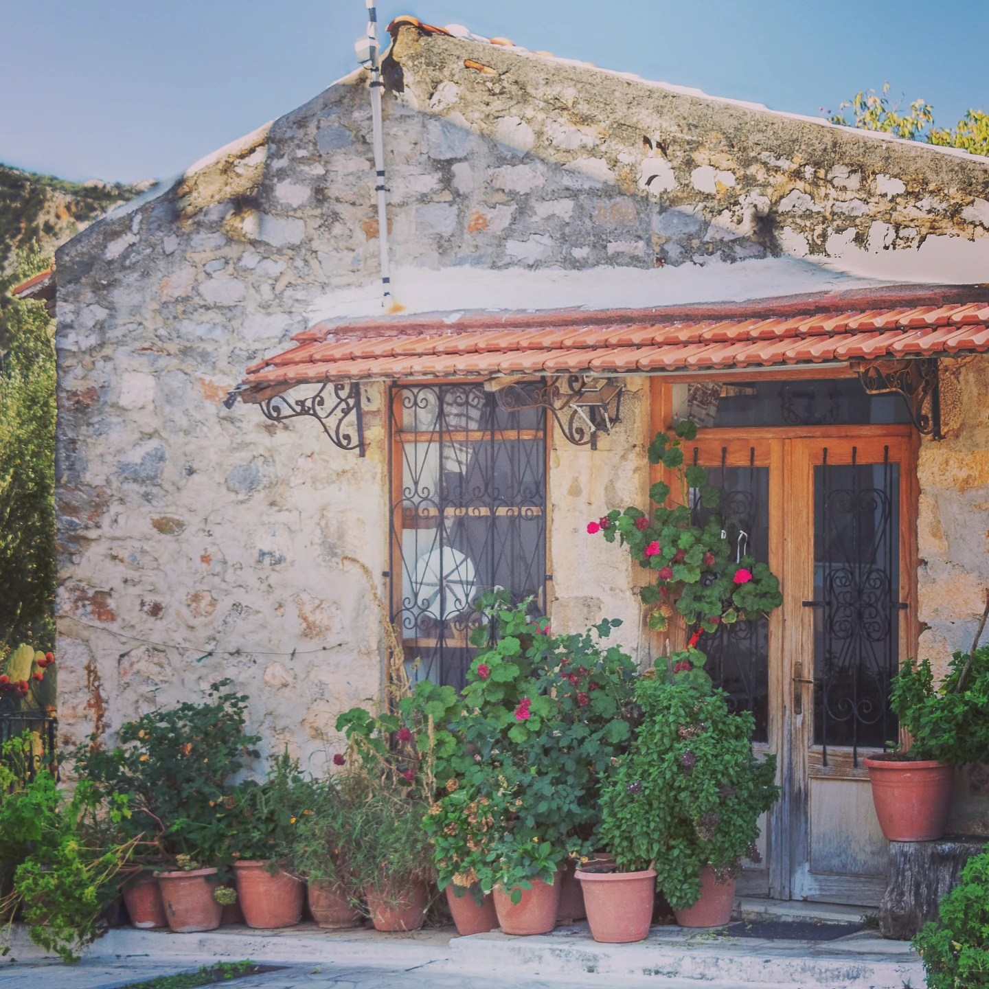 Small stone cottage with terracotta roof, iron window grilles, and potted plants lining the entrance.