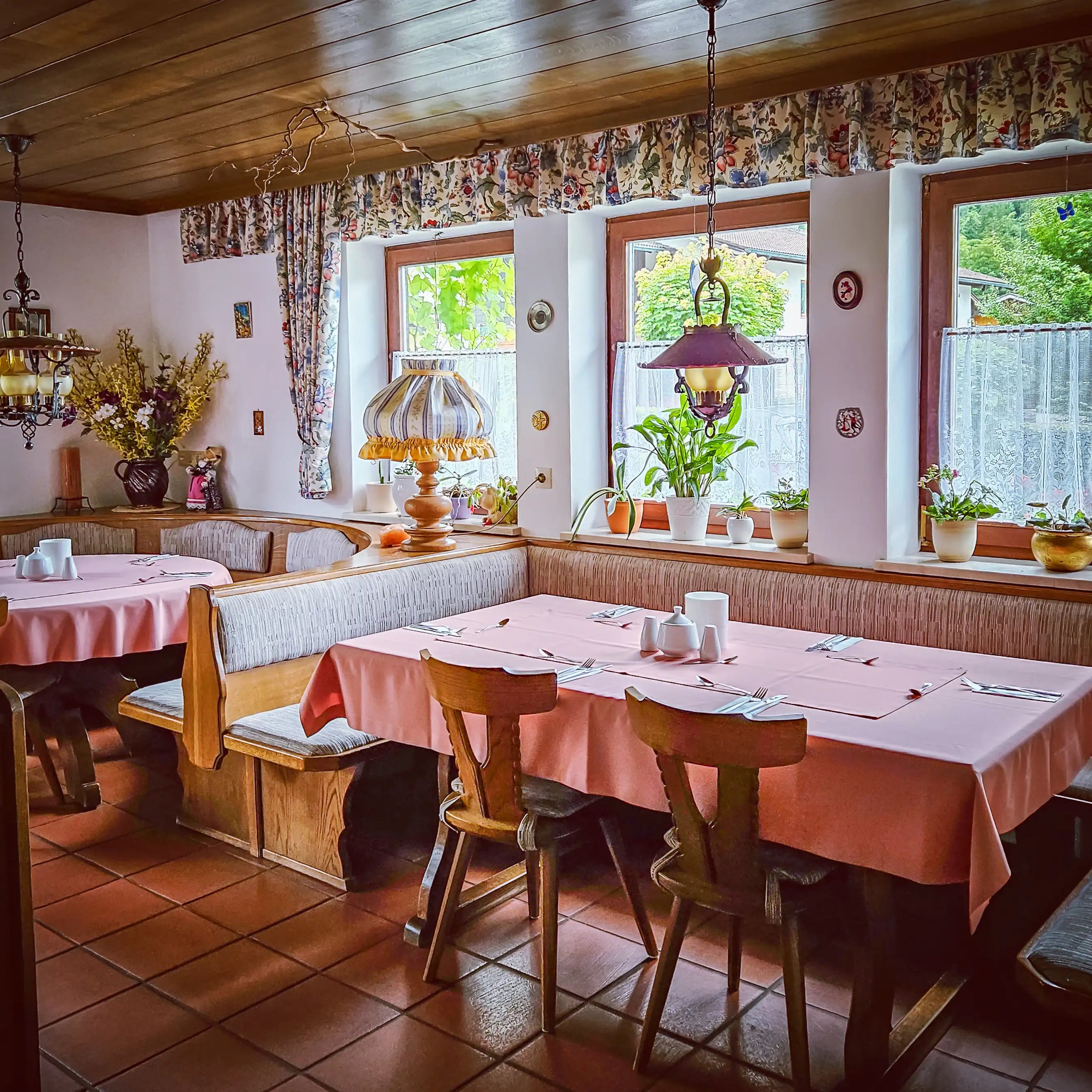 A cozy Alpine dining room with wooden benches, pink tablecloths, lace curtains, and potted plants along the windows.