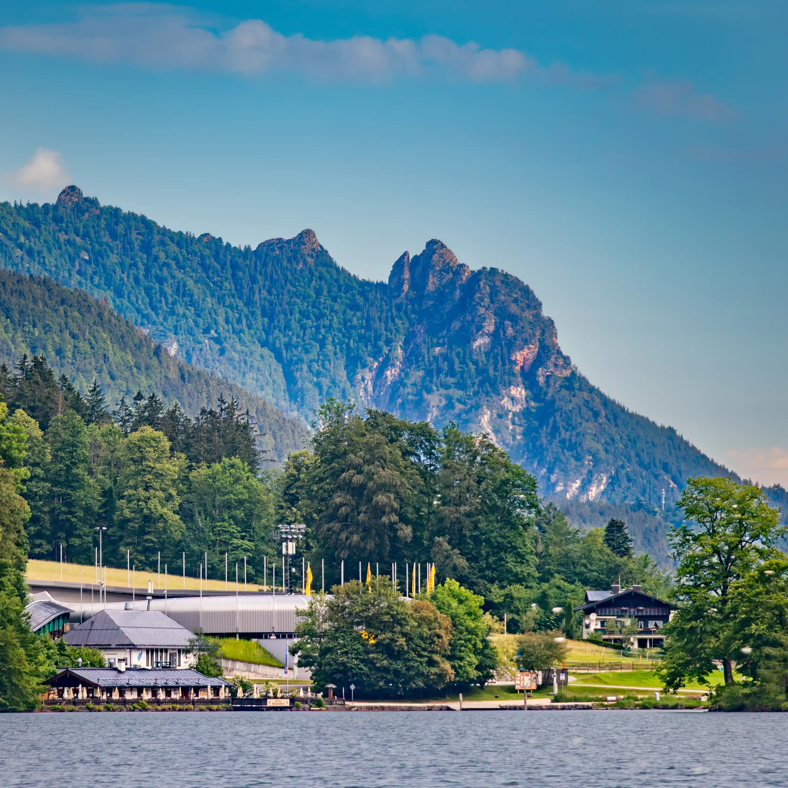 A jagged mountain ridge in the Lattengebirge forms the outline of a reclining figure known as the Sleeping Witch above Königssee.