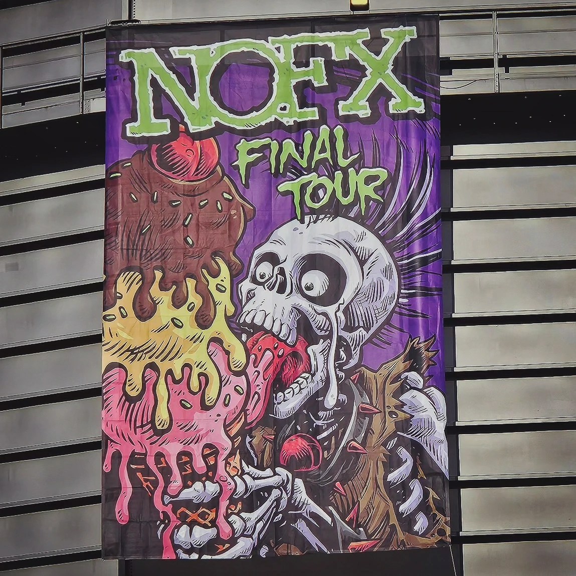 A large banner reading “NOFX Final Tour” featuring a colorful illustrated skeleton holding melting ice cream.