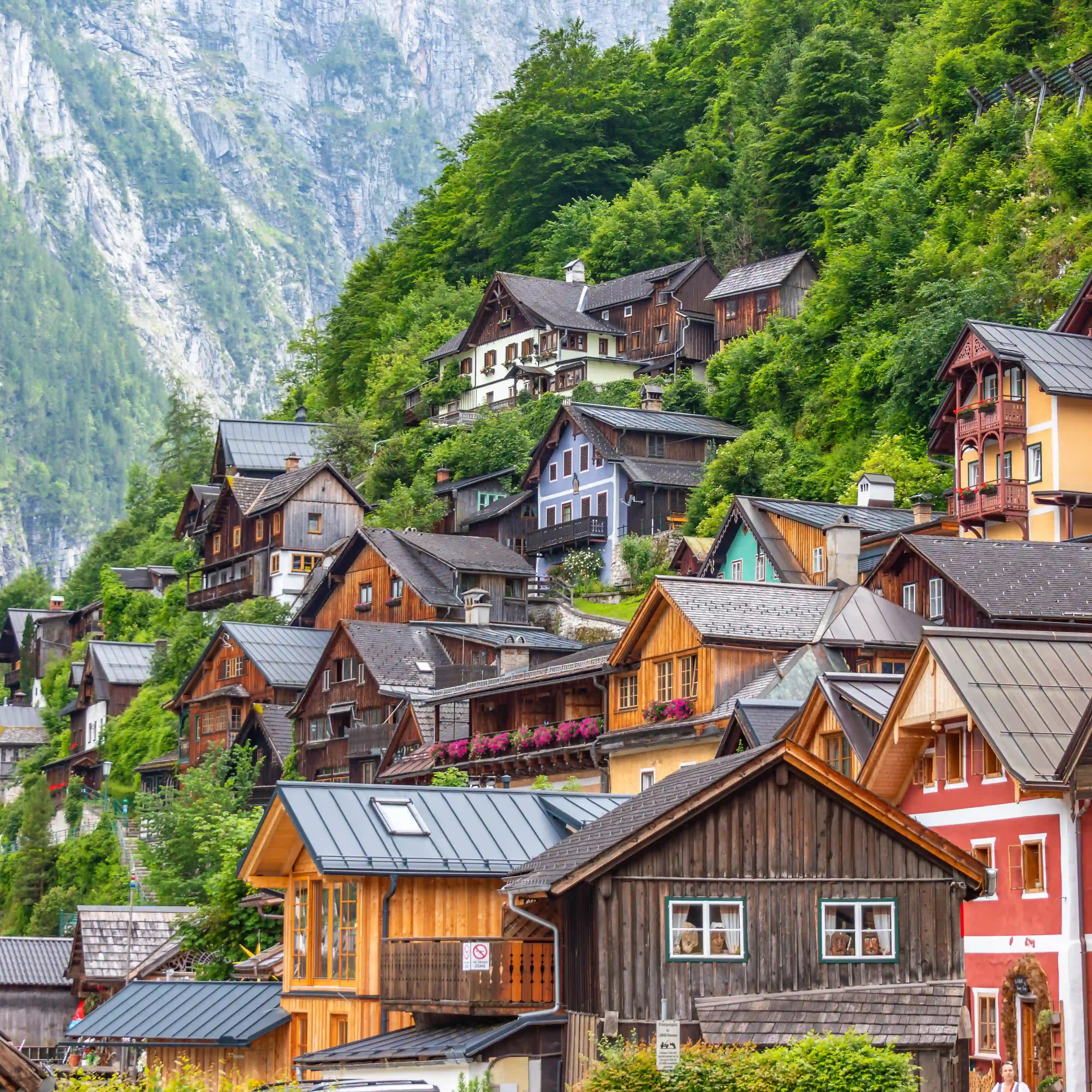 Wooden houses climbing the green hillside above Hallstatt.