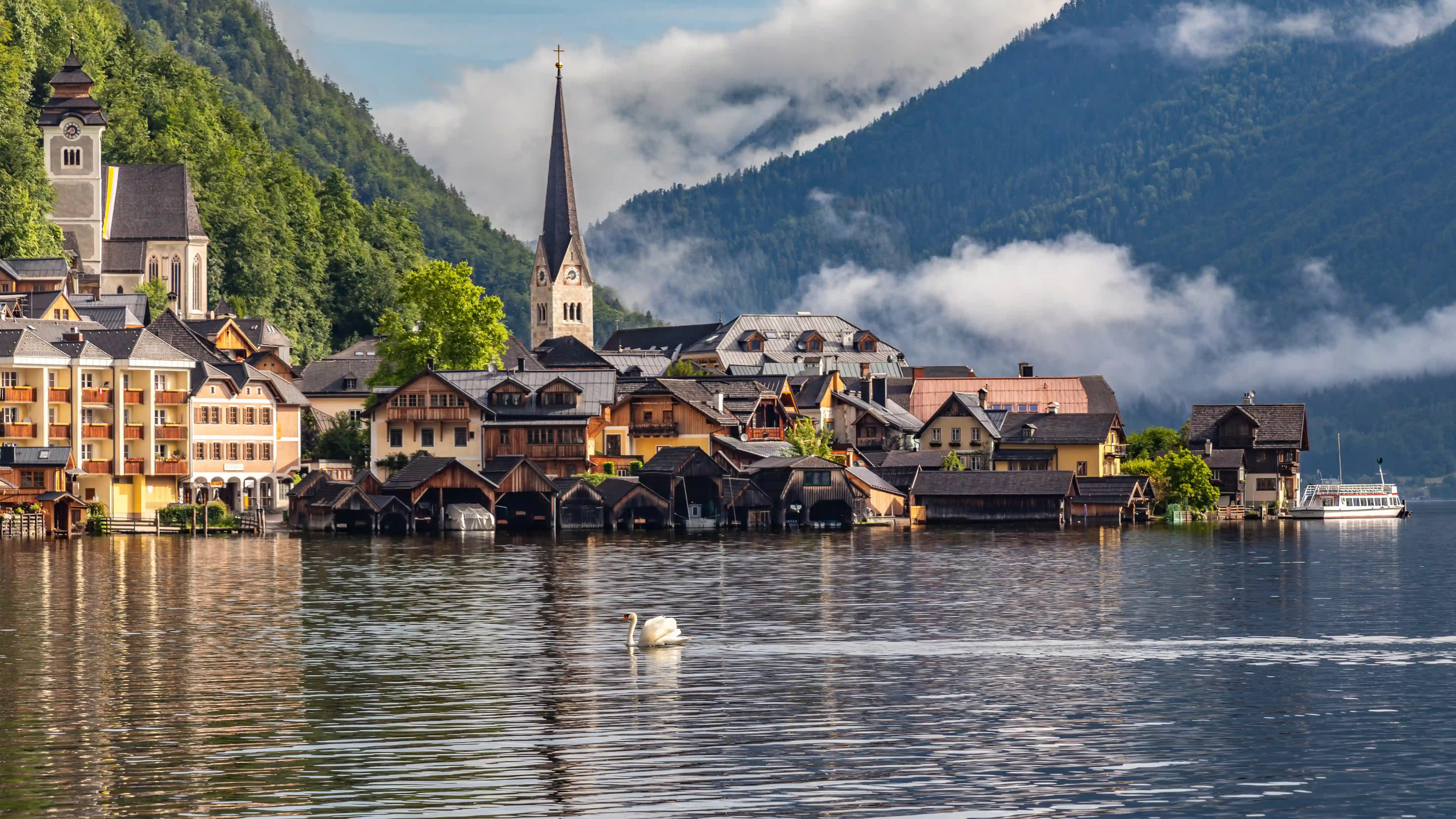 A swan glides across Lake Hallstatt with the village, church spire, and misty mountains behind it.