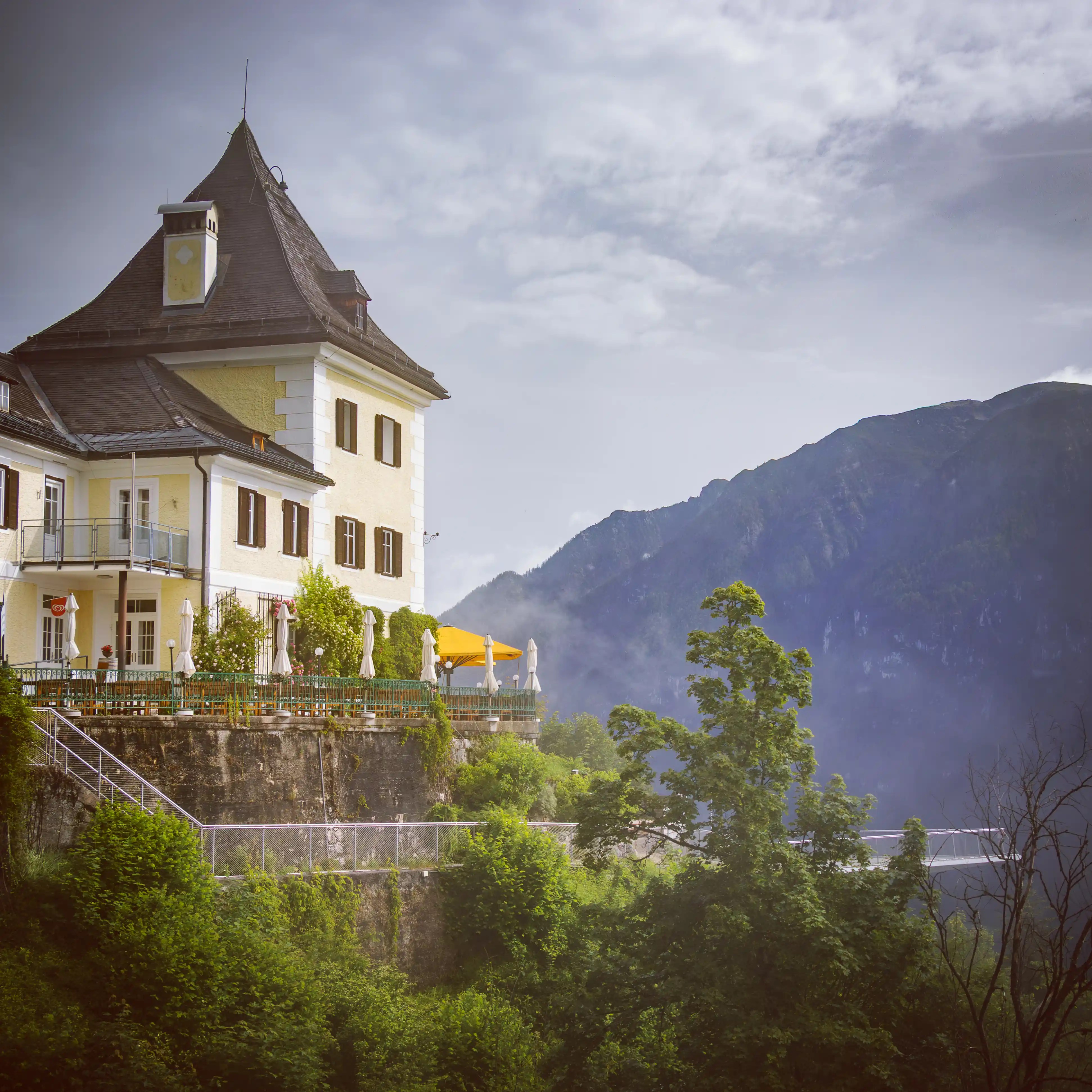 The Hallstatt Skywalk viewing platform beside the Rudolfsturm overlooking the alpine valley