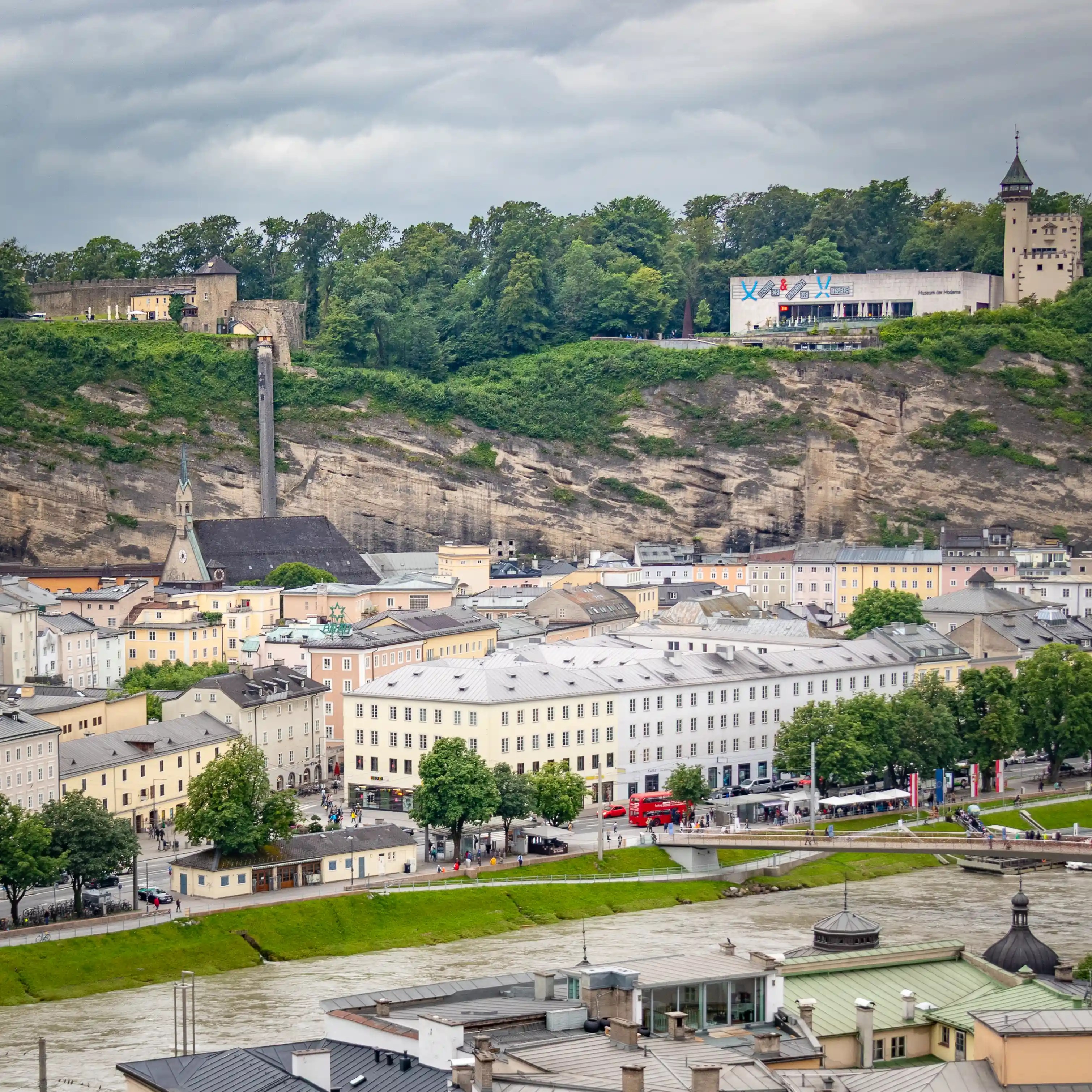 A wide view of Salzburg’s riverside buildings along the Salzach River with forested cliffs rising behind them.