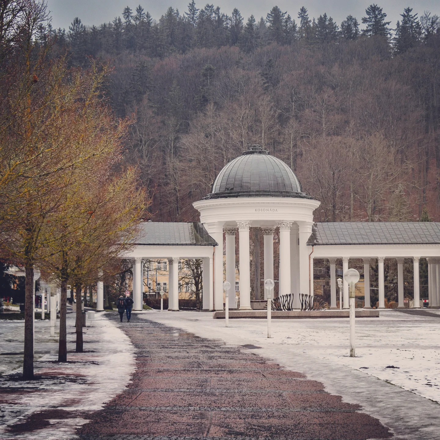 A white colonnade with a central domed pavilion set against a forested hillside in Mariánské Lázně.