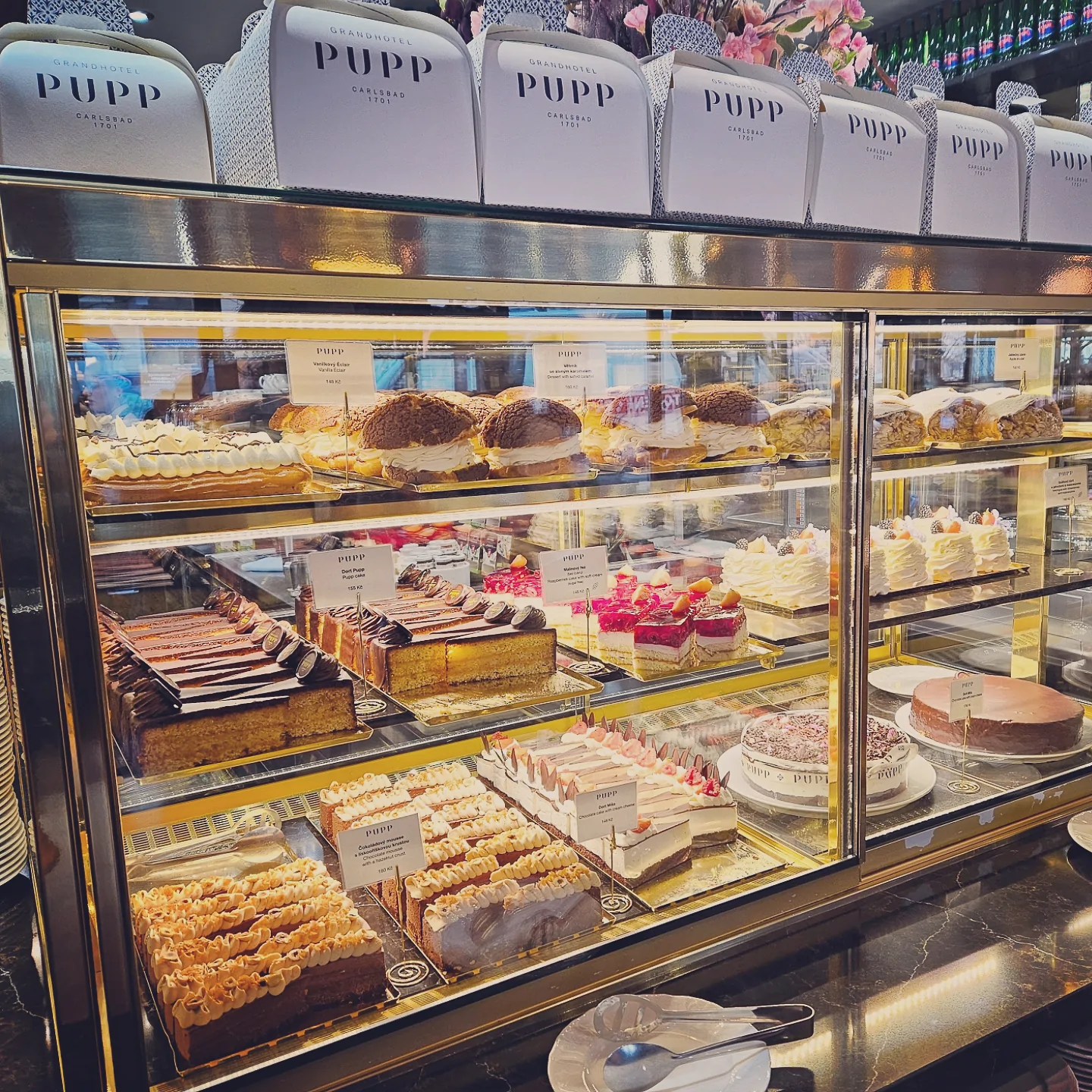 A glass pastry display case at Café Pupp filled with layered cakes, cream-filled pastries, and desserts labeled with the Pupp name.