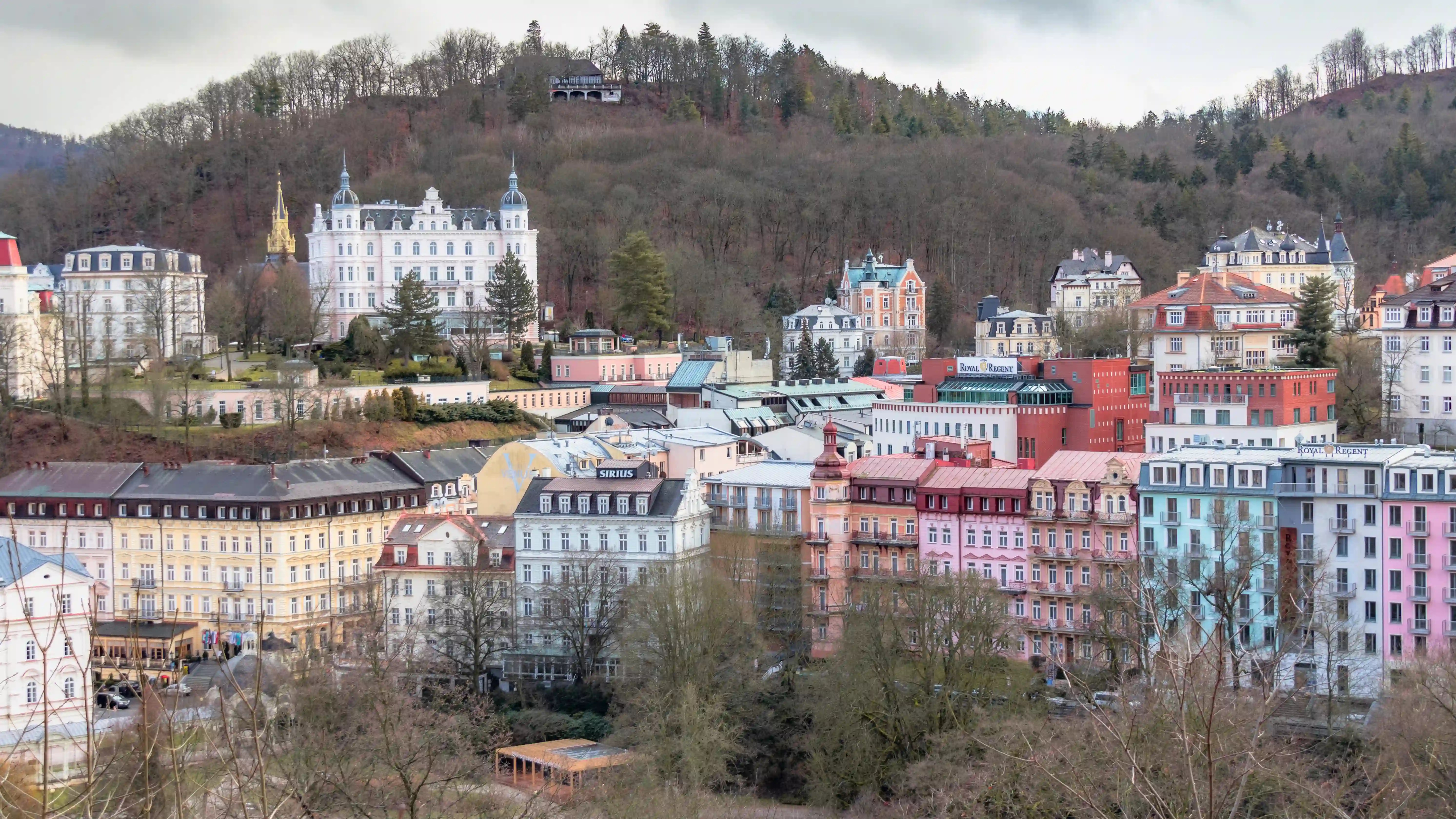 A wide view of Karlovy Vary’s colorful spa buildings clustered along a hillside with forested slopes rising behind them.