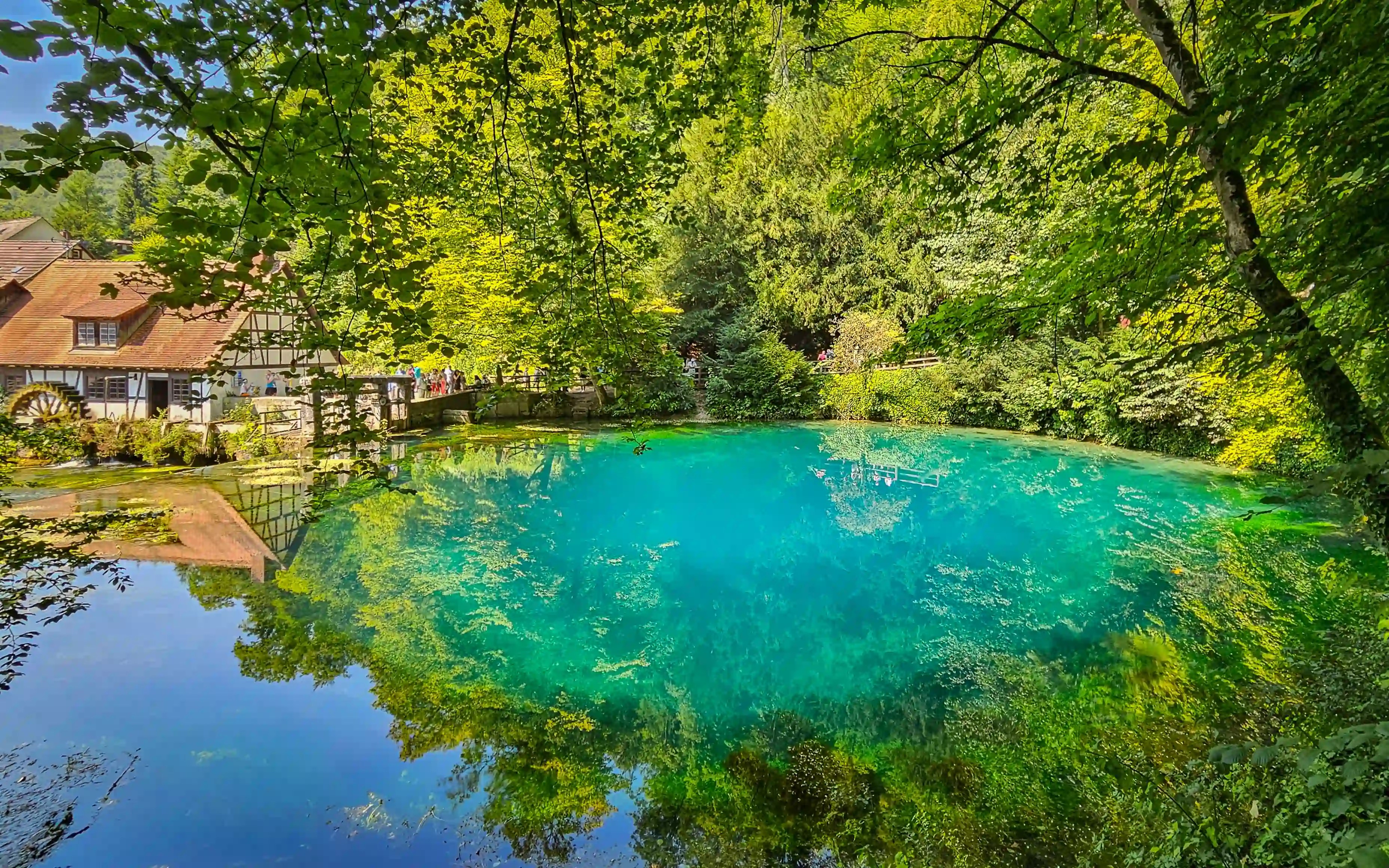 The Blautopf’s bright turquoise water reflects surrounding trees and a half-timbered mill building.