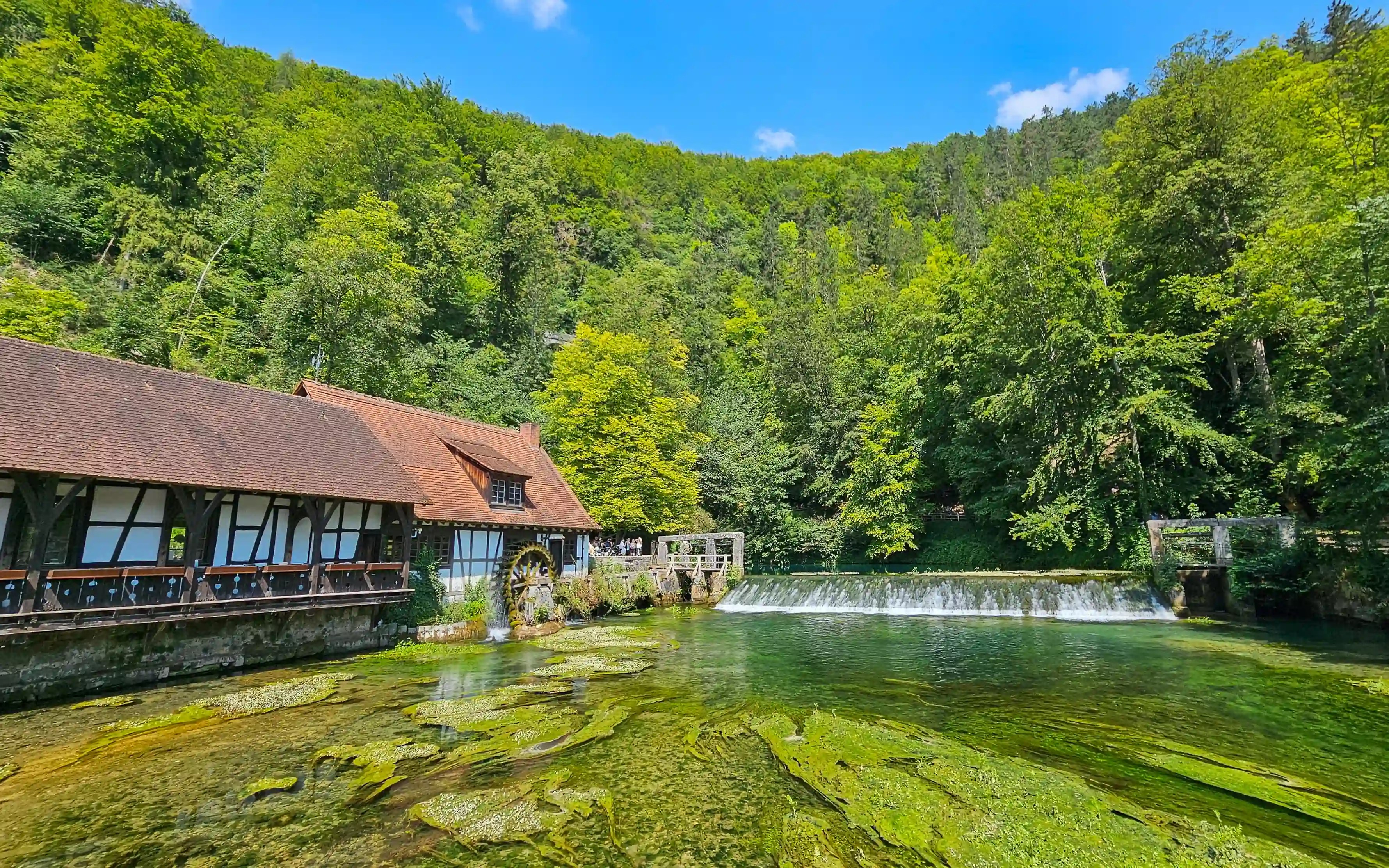 A wide view shows the Blautopf’s outflow stream flowing past the half-timbered mill and over a low weir.